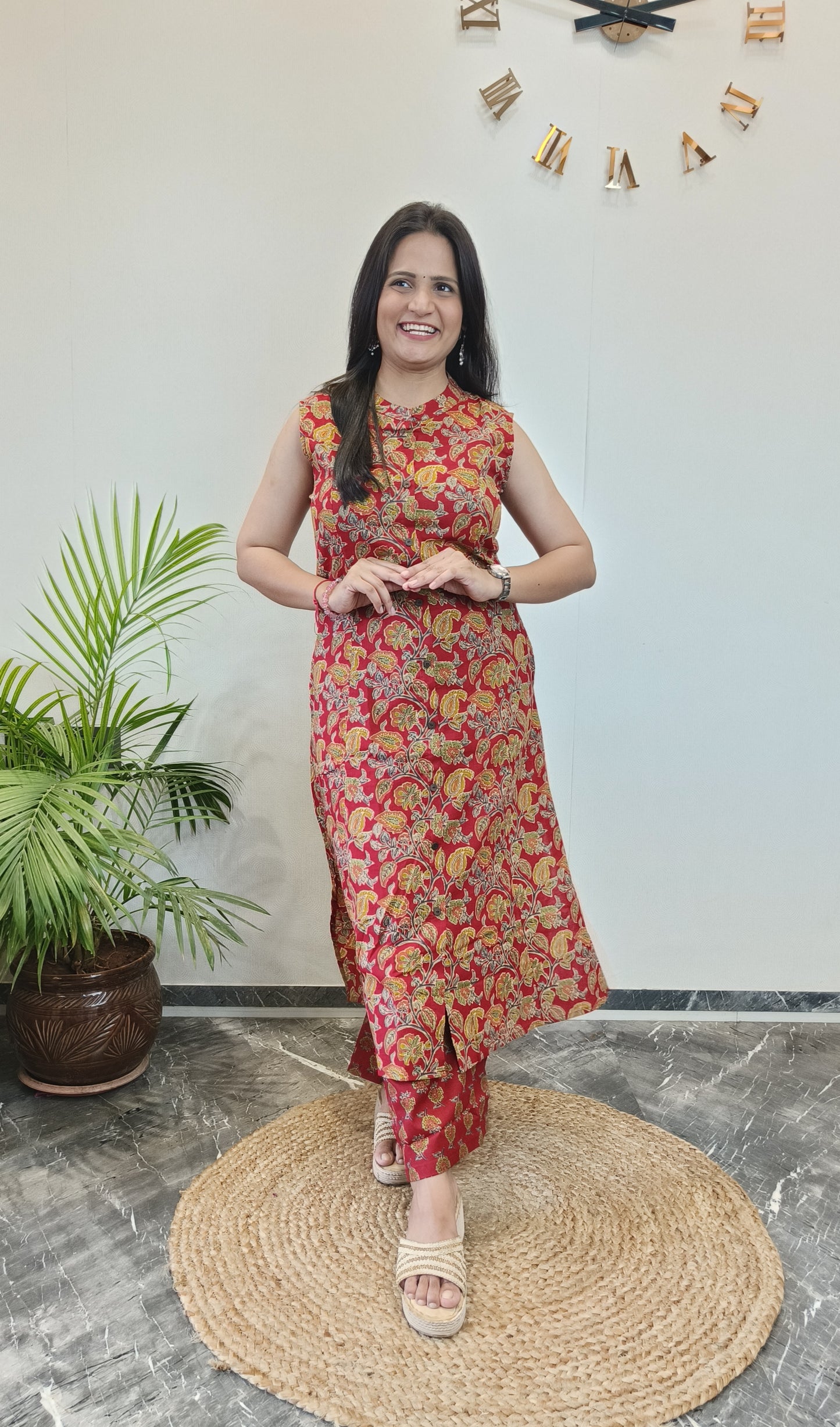 Red jaal floral print A-line kurta set