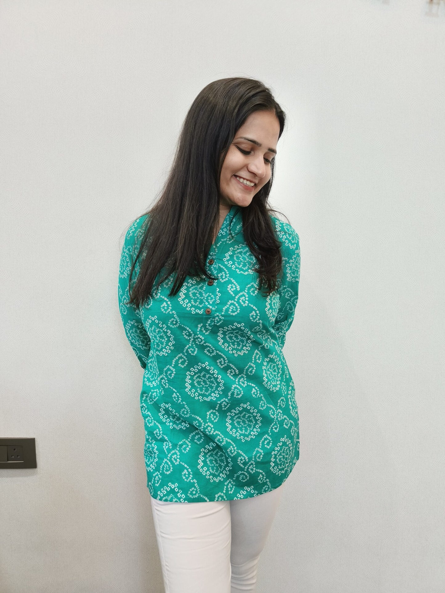 Teal colour bandhani print short kurta