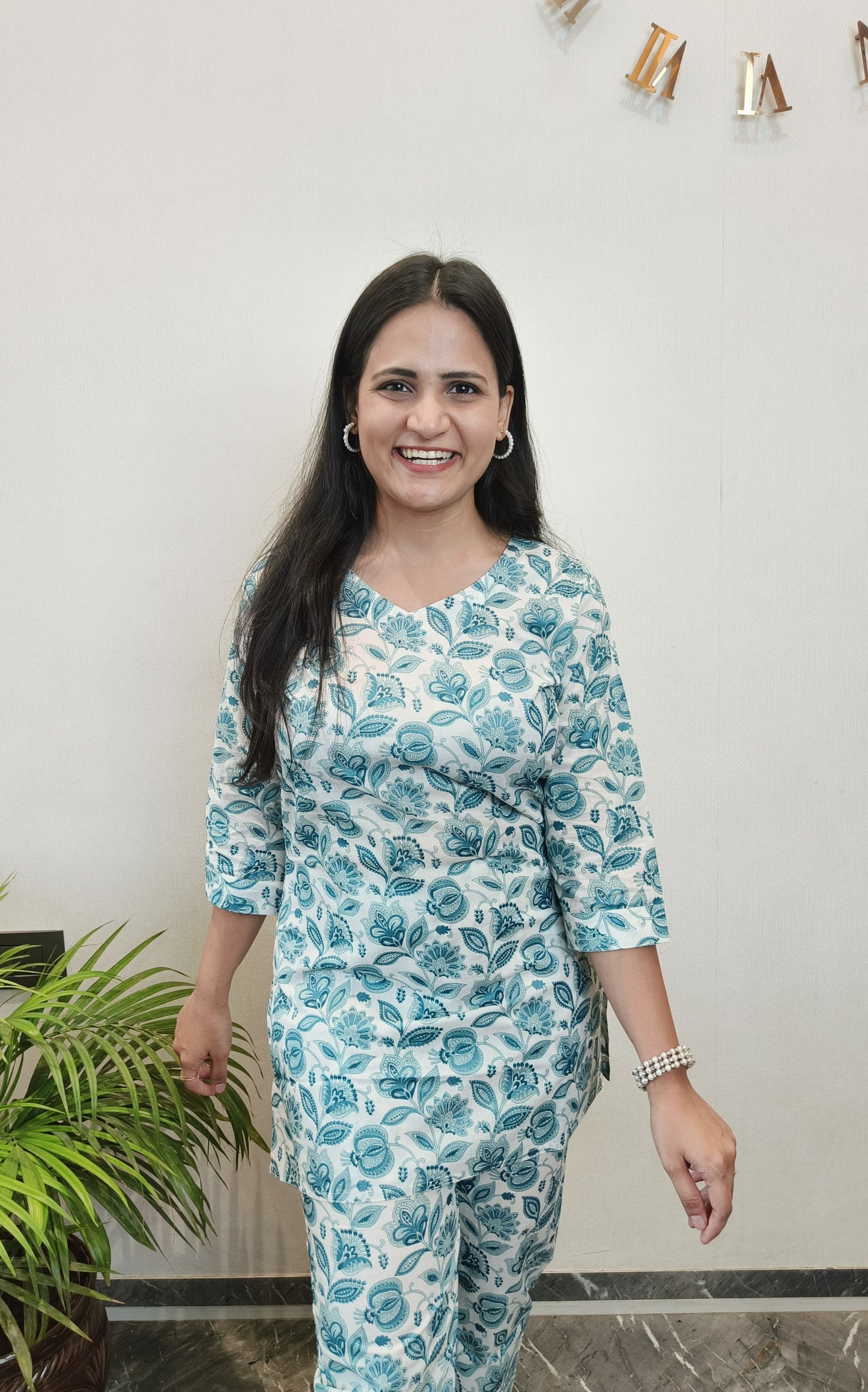 White and blue pure cotton floral co-ord set