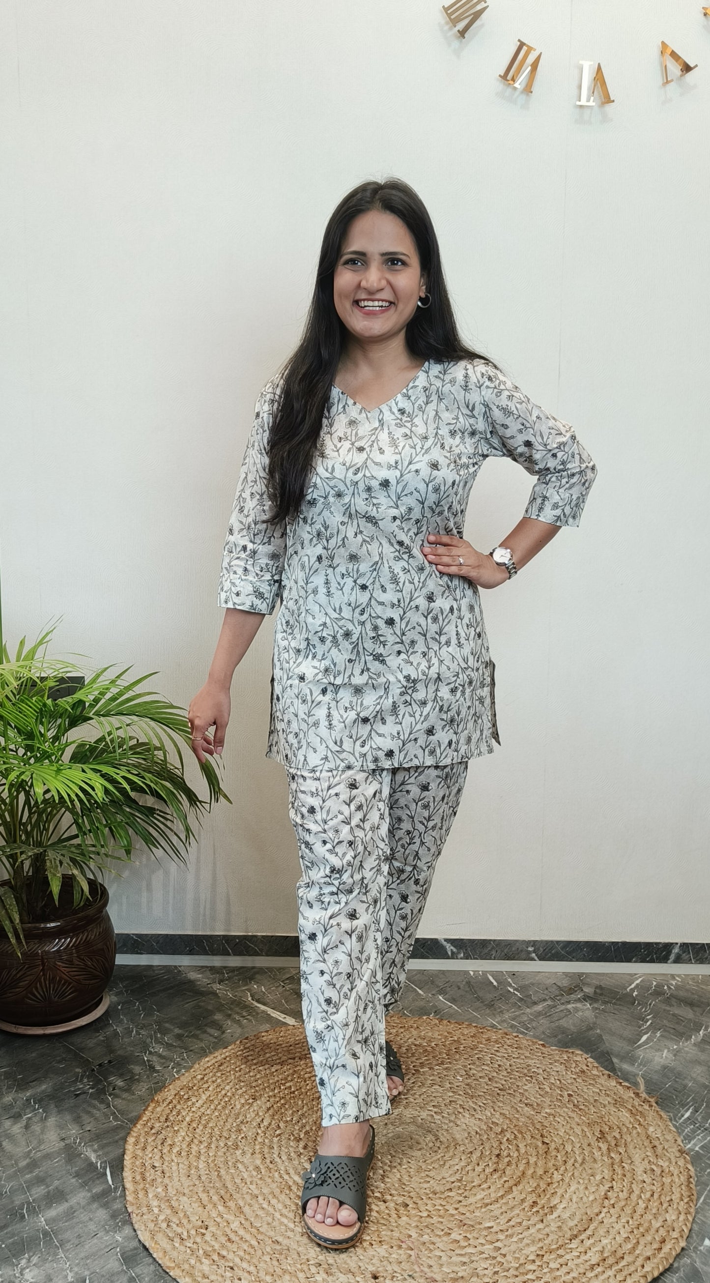 White and Grey Floral Pure Cotton Co-ord Set