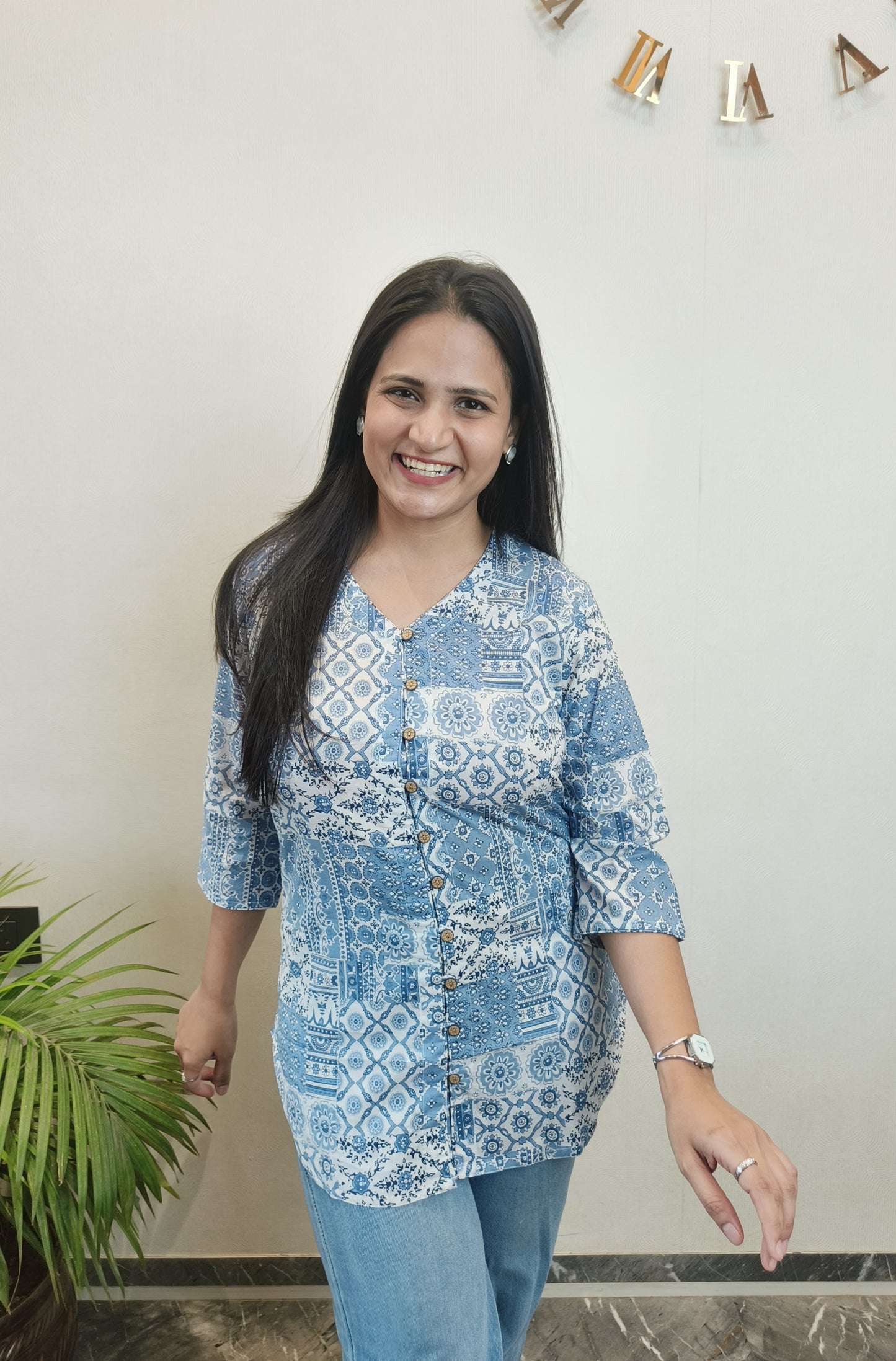 White and Blue Ethnic Motifs Shirt