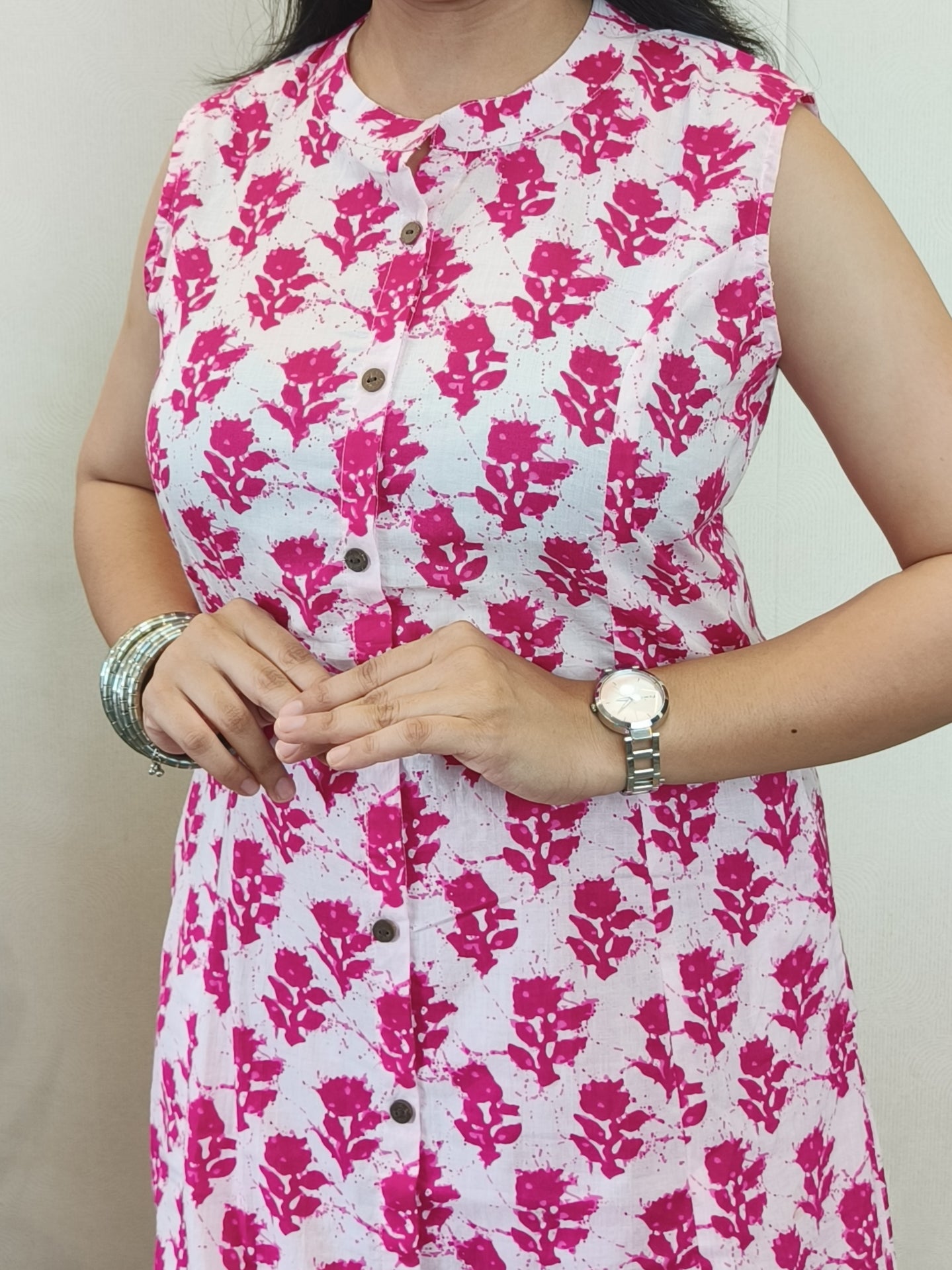 White and pink floral A-line kurta set