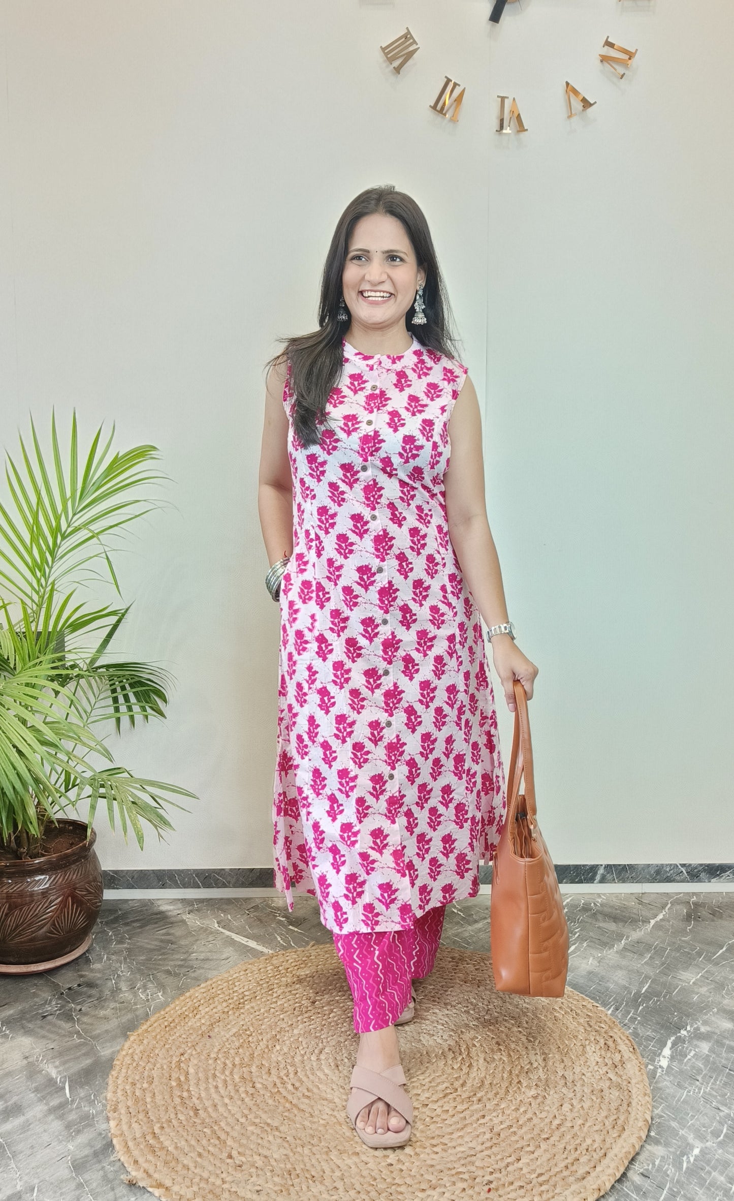 White and pink floral A-line kurta set