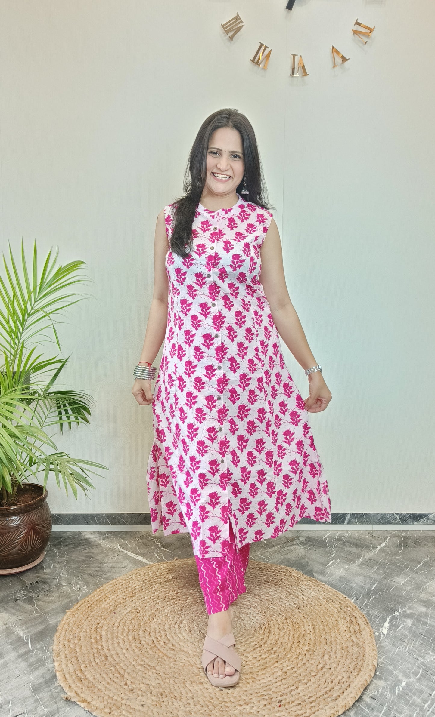 White and pink floral A-line kurta set