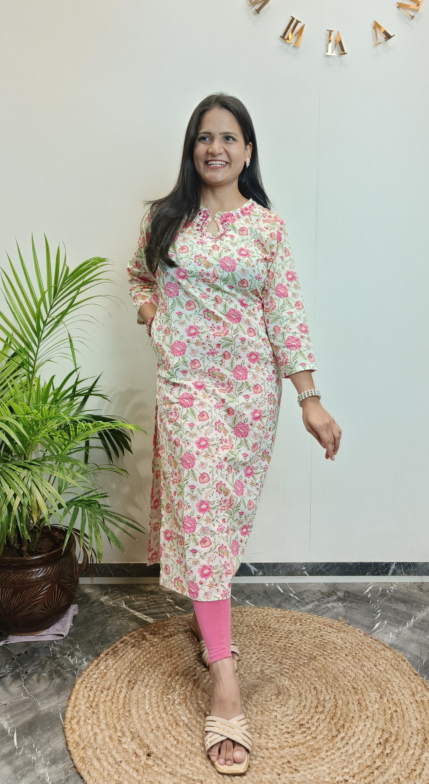 White and Pink Floral Mirror Work Cotton Long Kurta