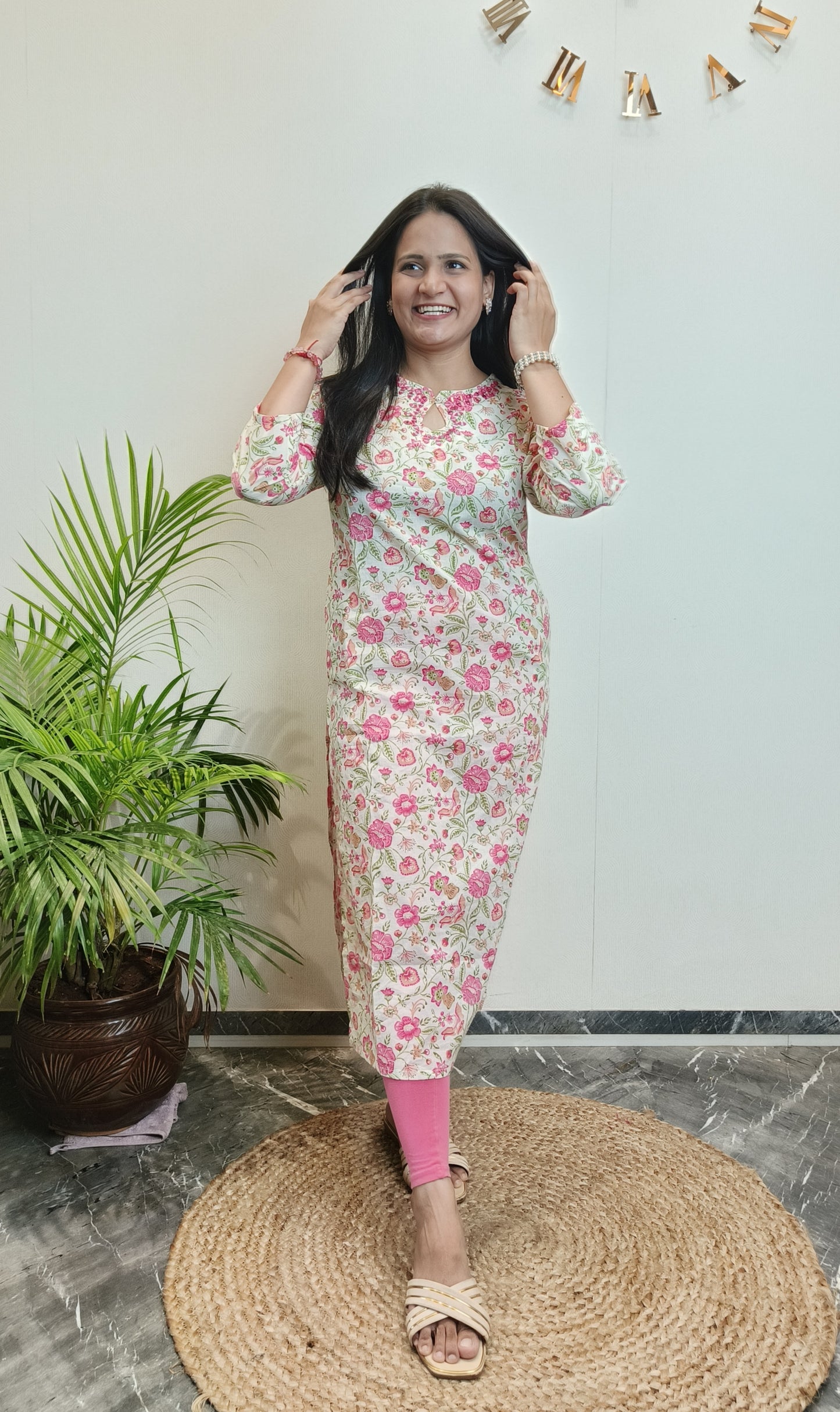 White and Pink Floral Mirror Work Cotton Long Kurta