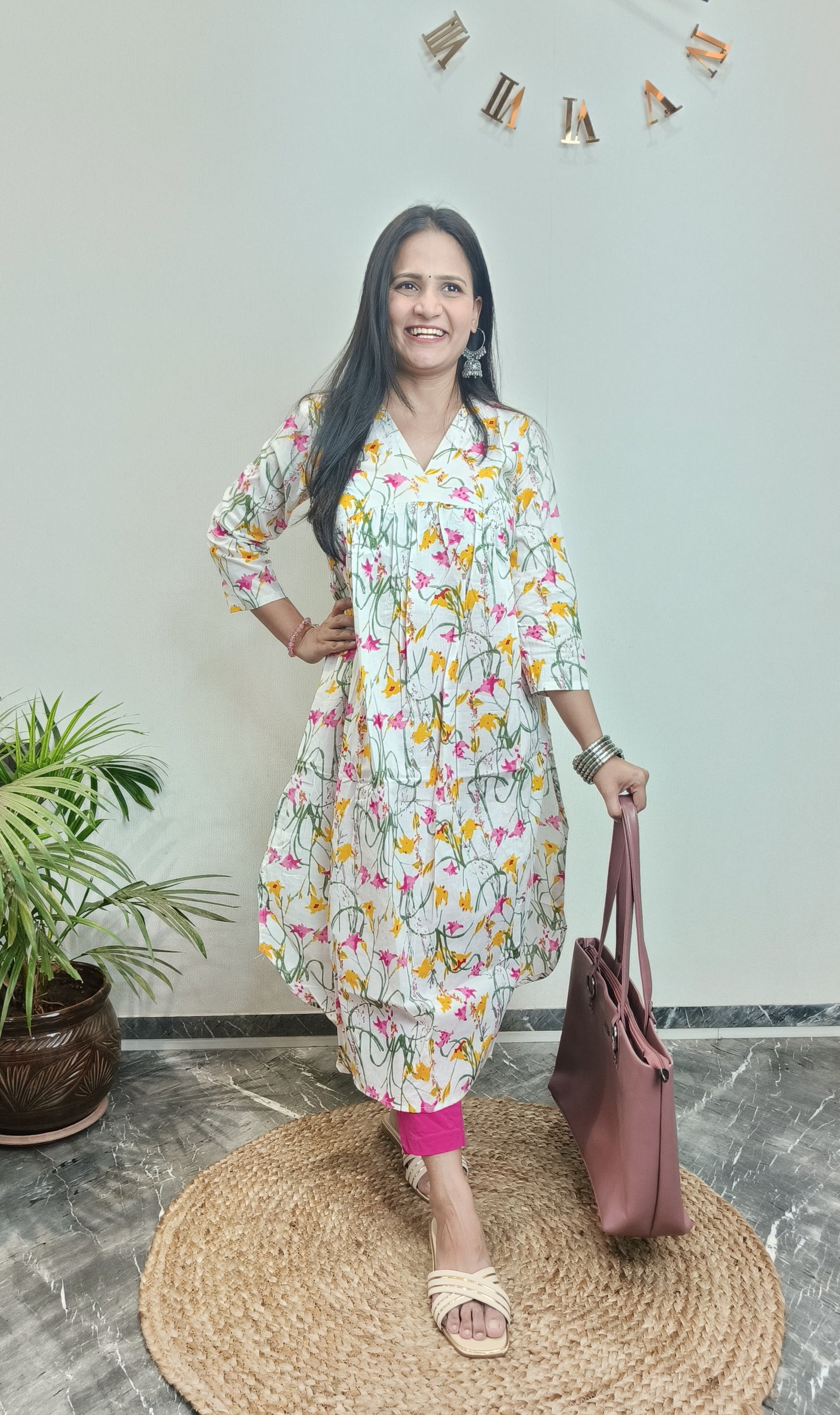 White floral V-neck Alia long kurta