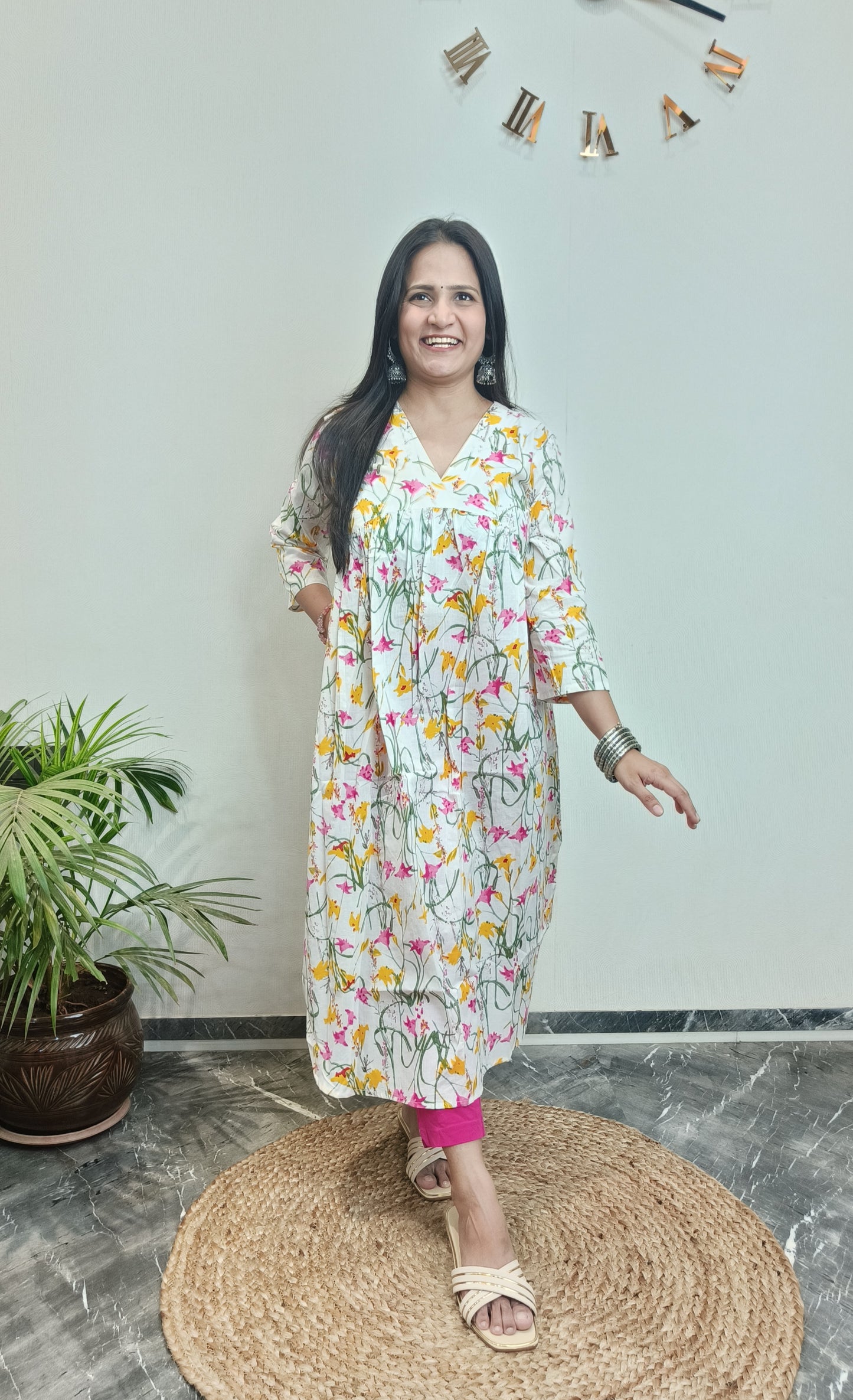 White floral V-neck Alia long kurta
