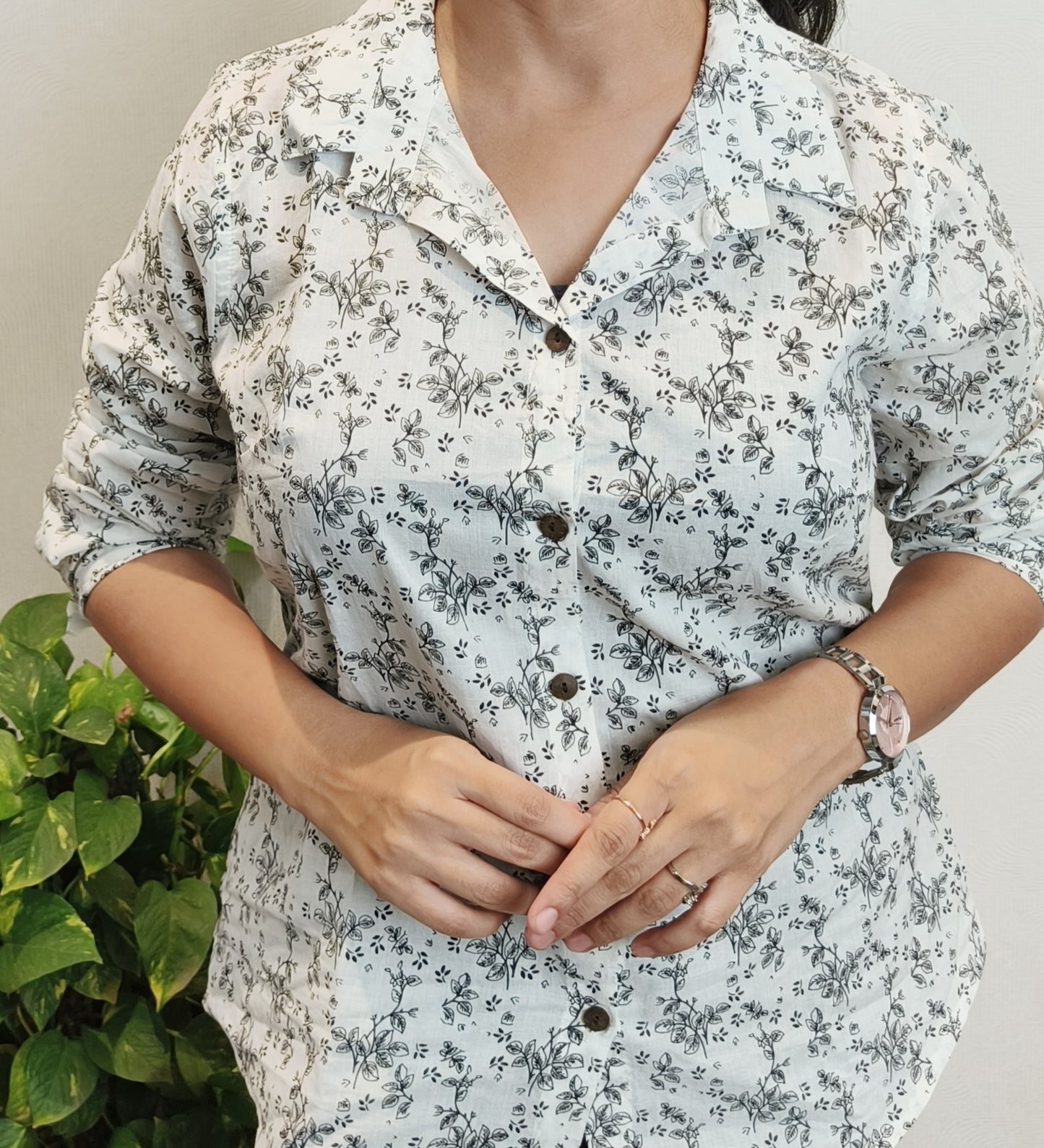 White Leaf Print Shirt