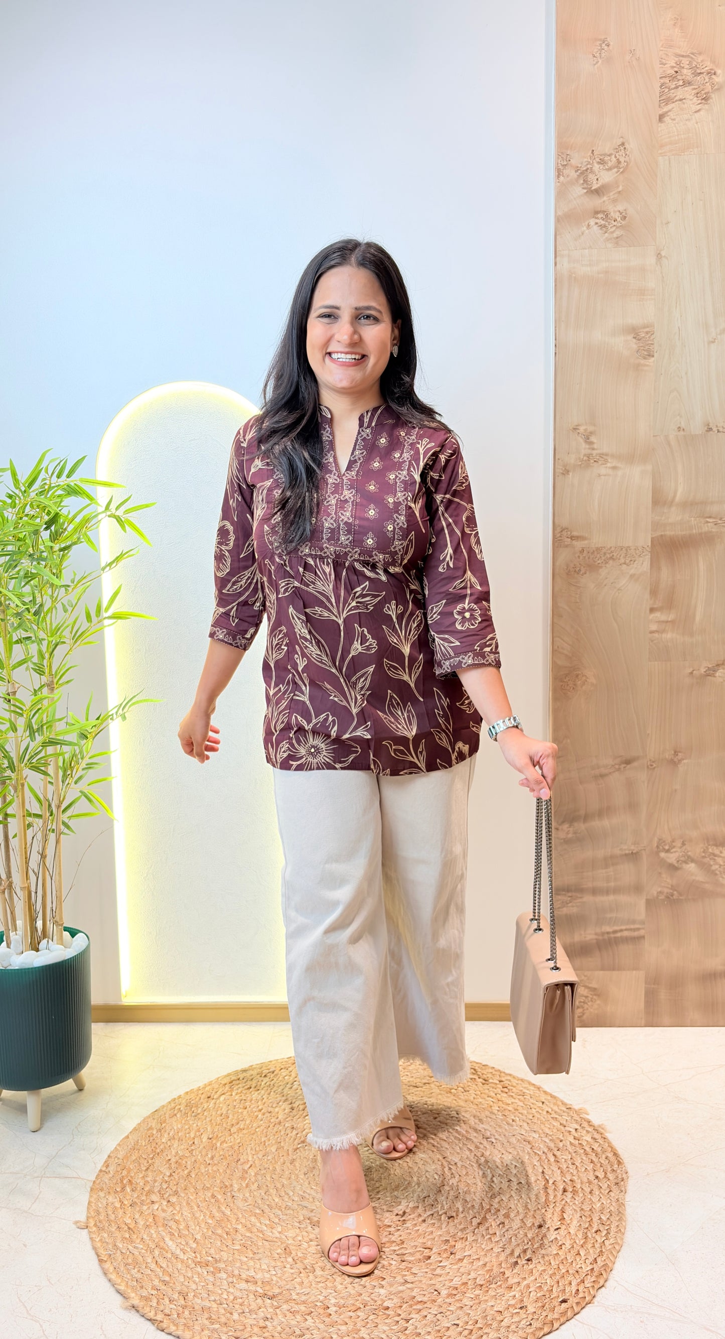 Wine Colour Floral Printed Short Kurta