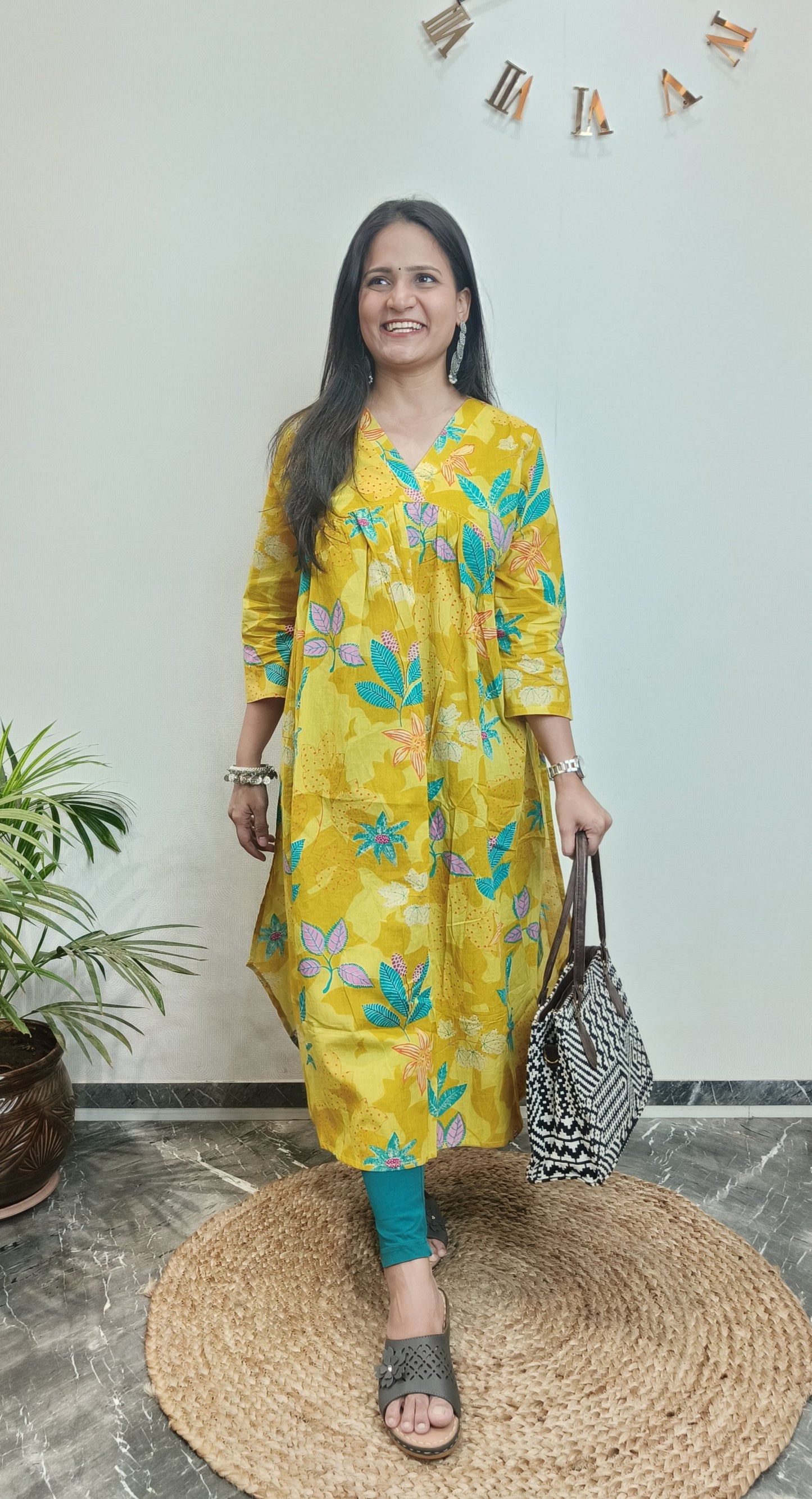 Yellow floral V-neck Alia long kurta