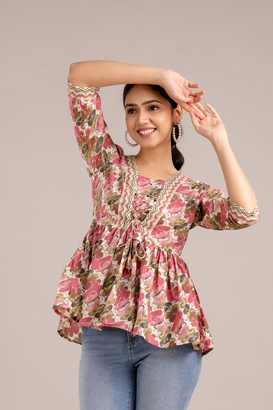 Pink and green bandhej peplum top