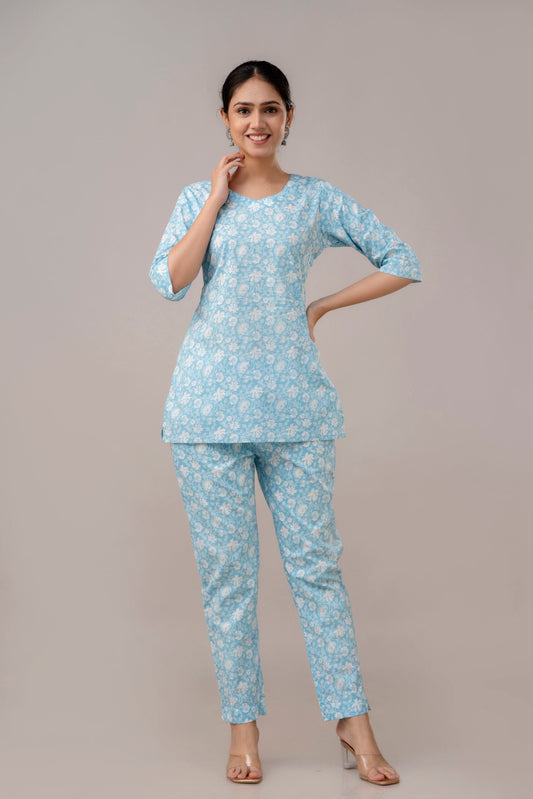 Sky Blue floral pure cotton co-ord set