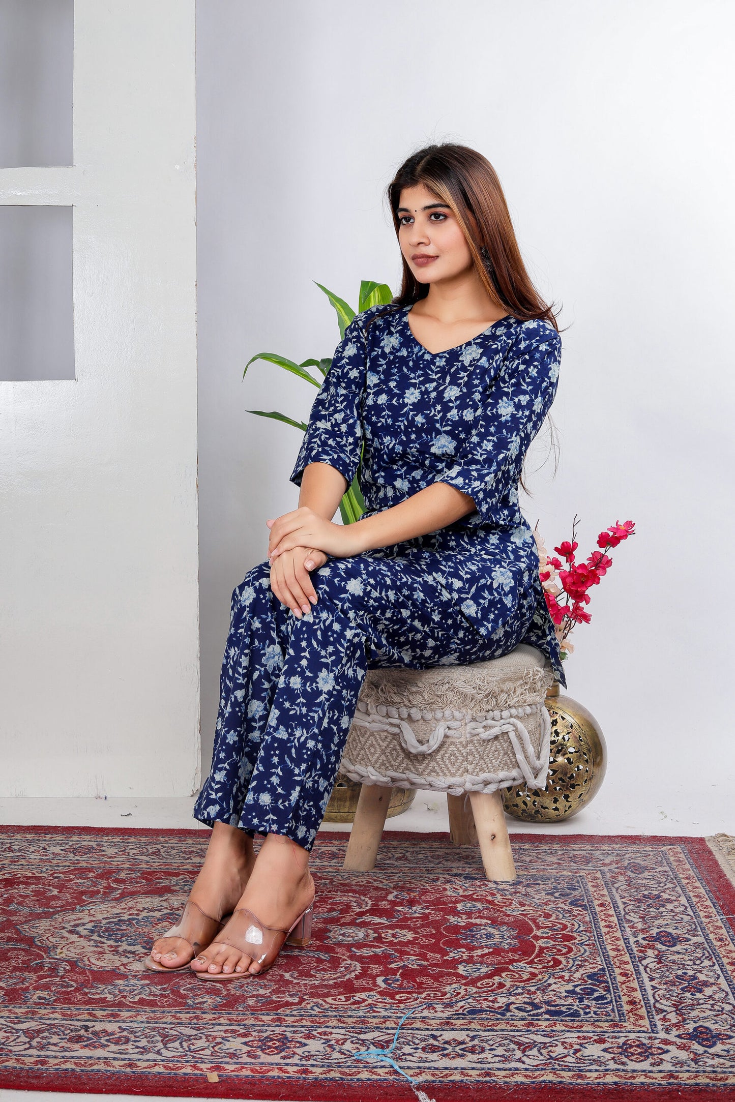 Dark Blue floral pure cotton co-ord set