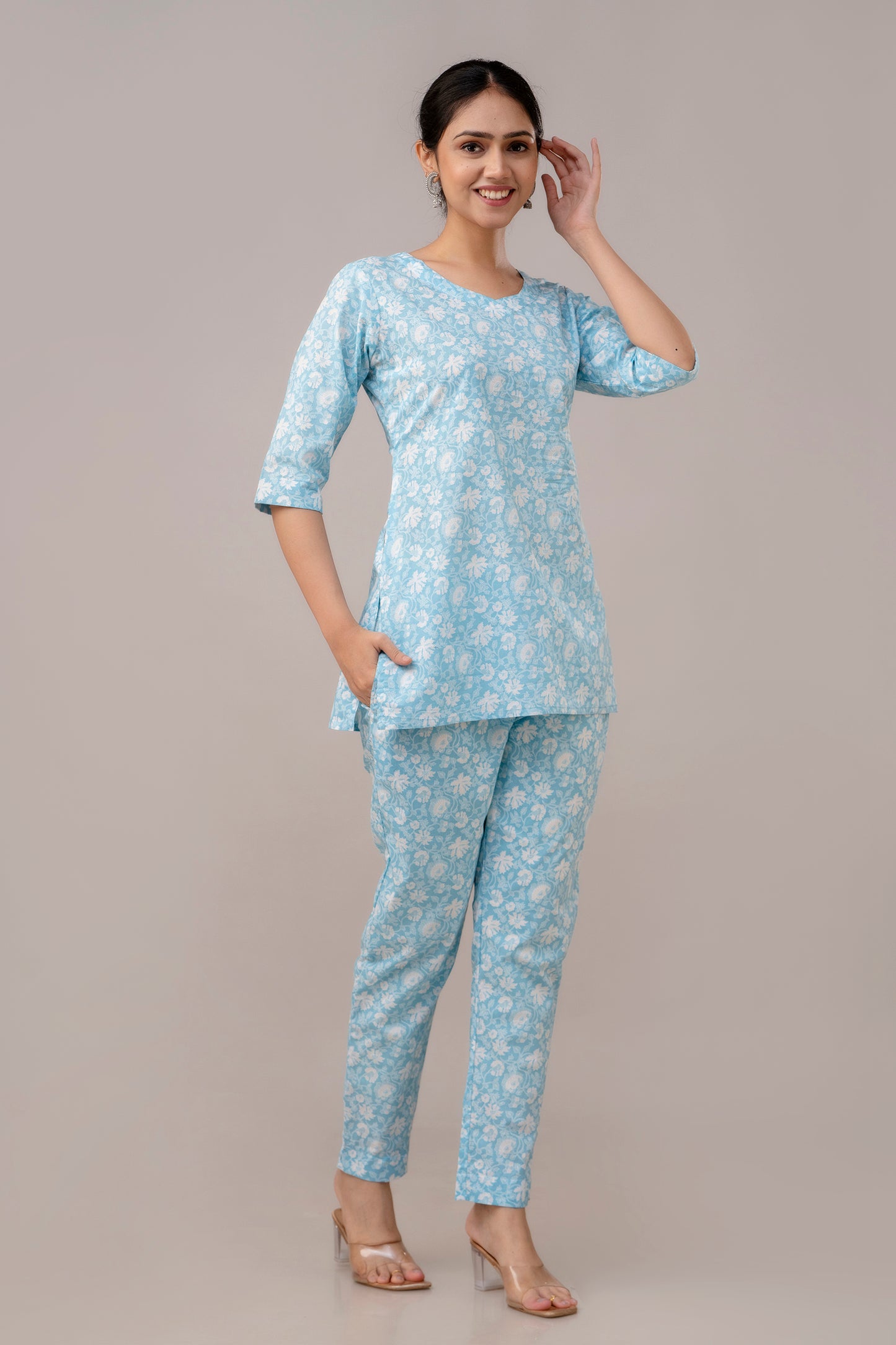 Sky Blue floral pure cotton co-ord set