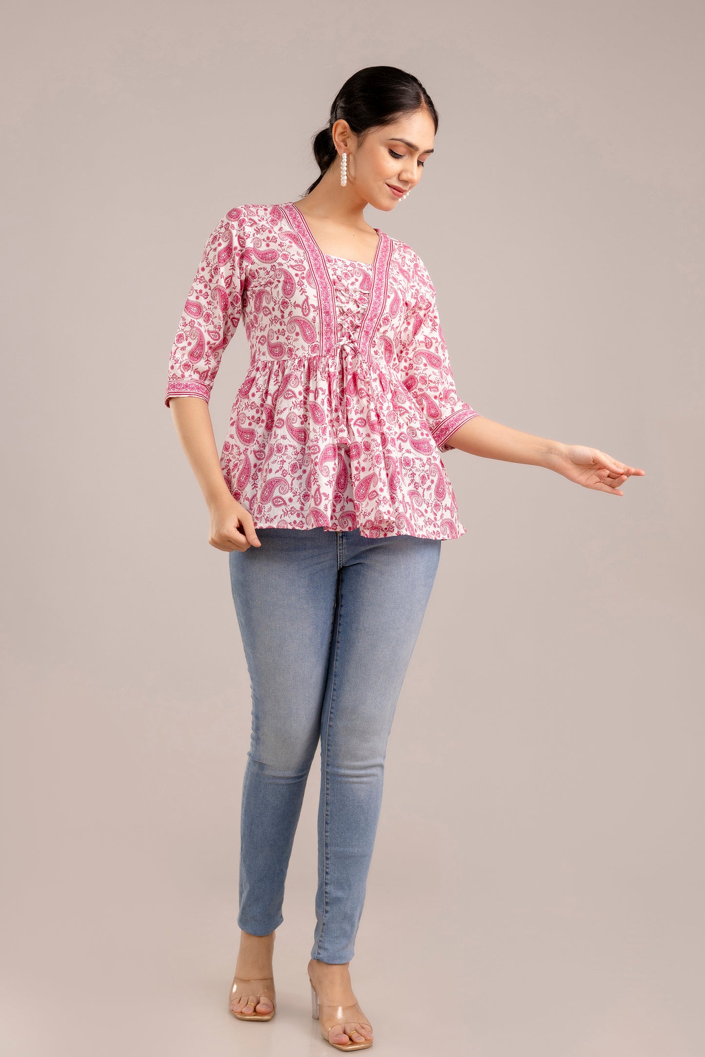 White and pink paisley peplum top