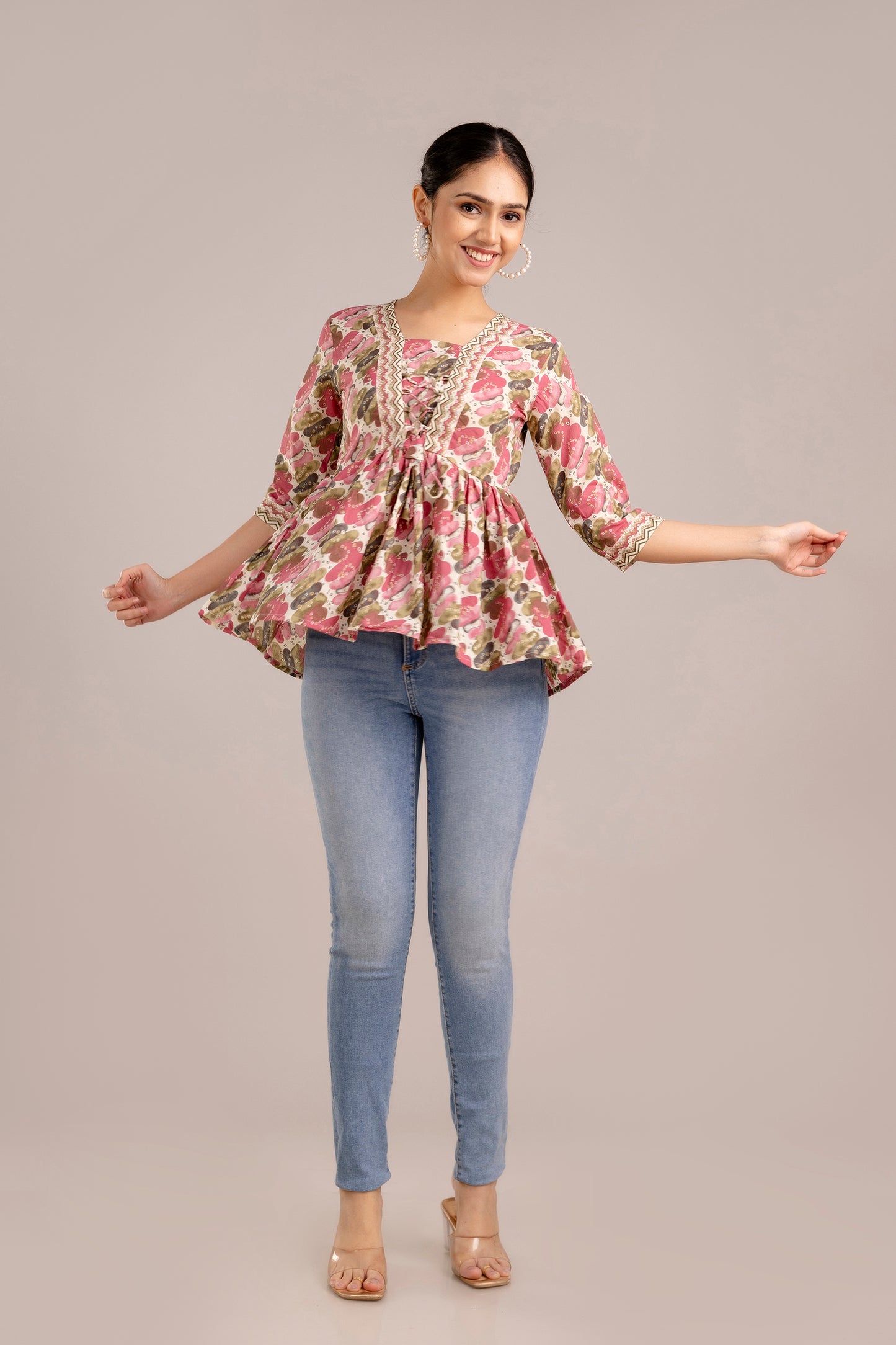 Pink and green bandhej peplum top