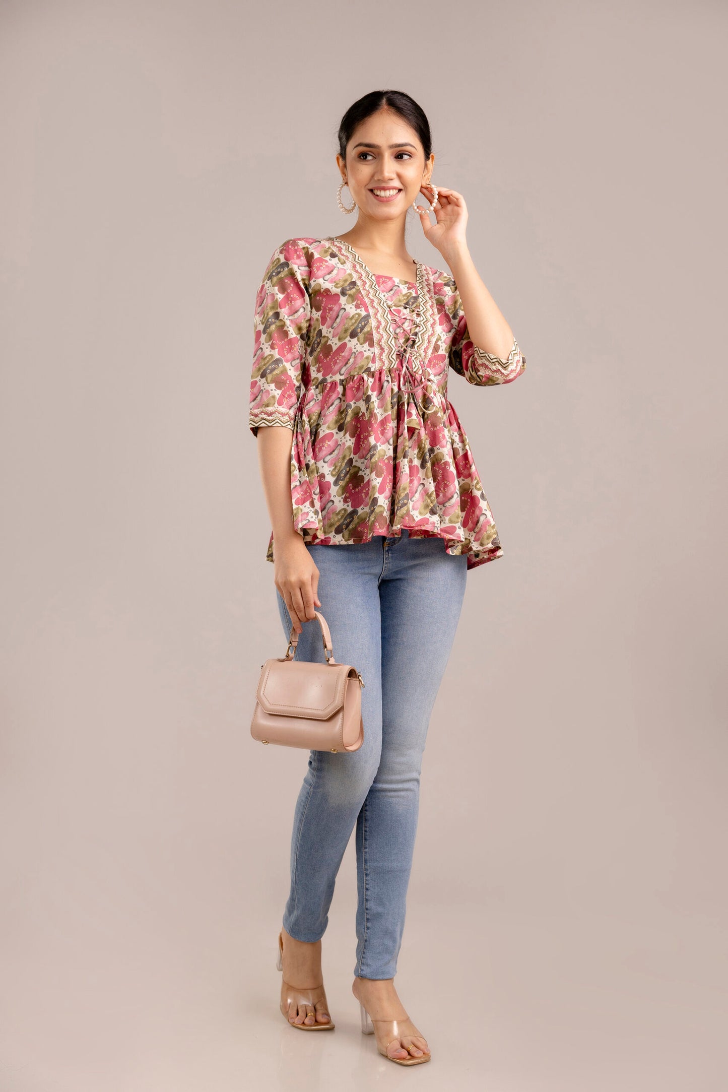 Pink and green bandhej peplum top