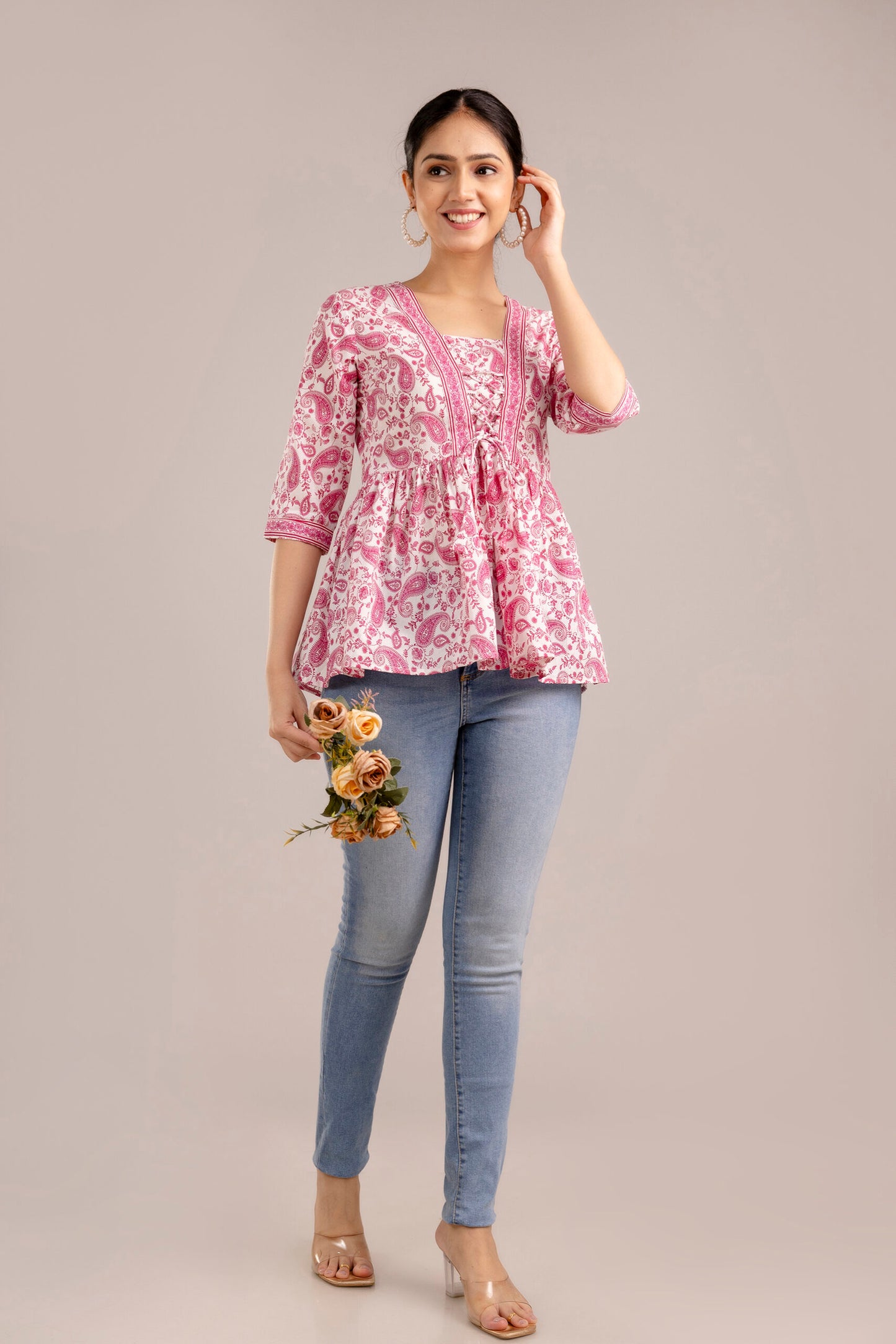 White and pink paisley peplum top