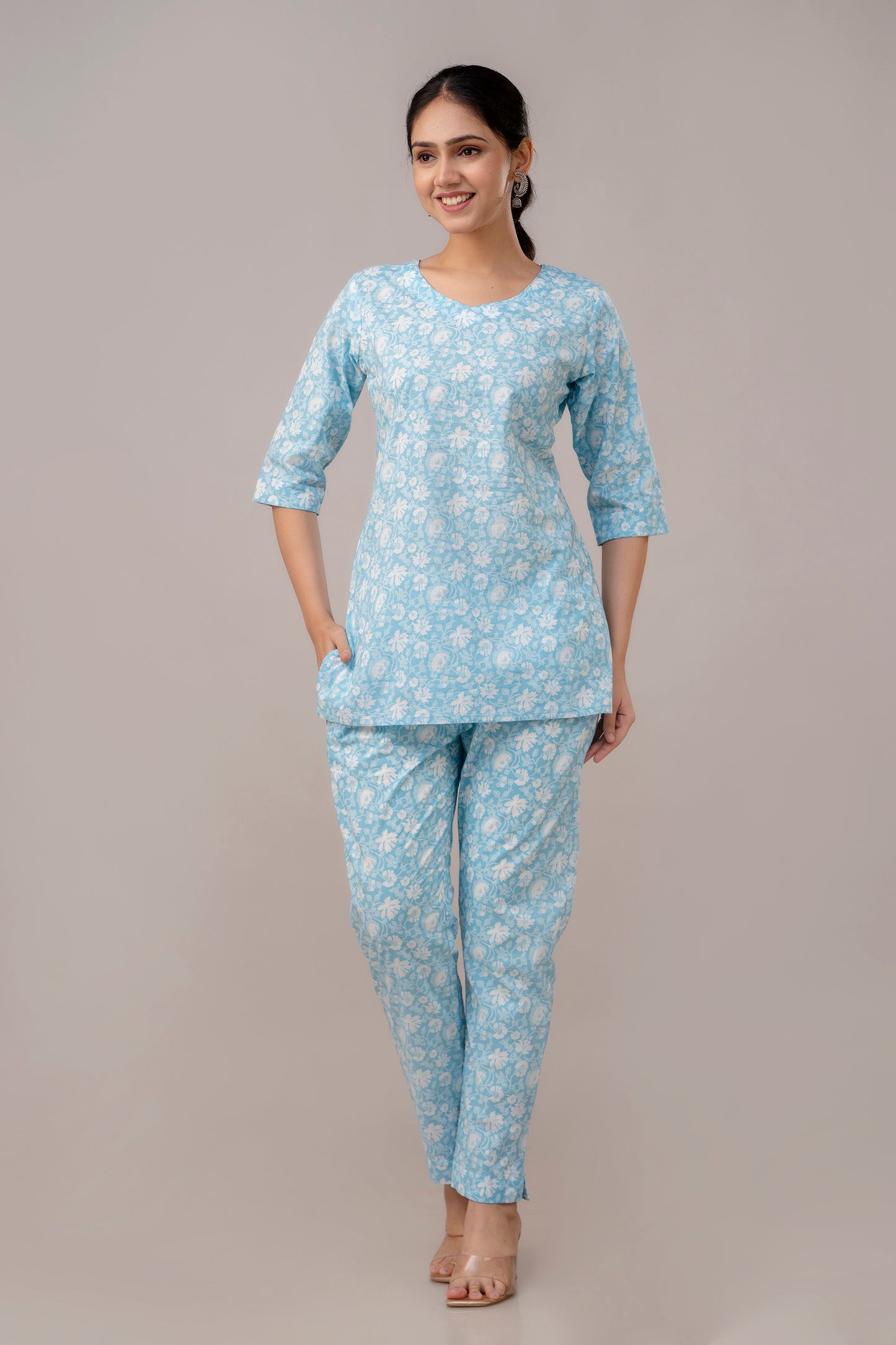 Sky Blue floral pure cotton co-ord set