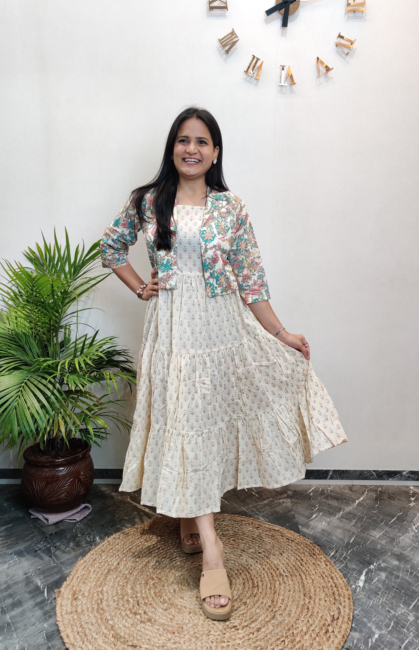 "Aanya" Floral Cotton Dress with Printed Jacket