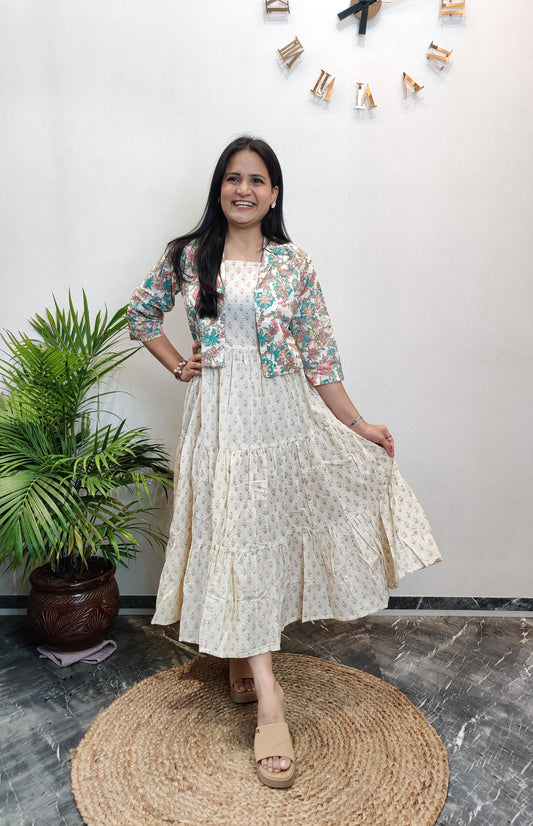 "Aanya" Floral Cotton Dress with Printed Jacket