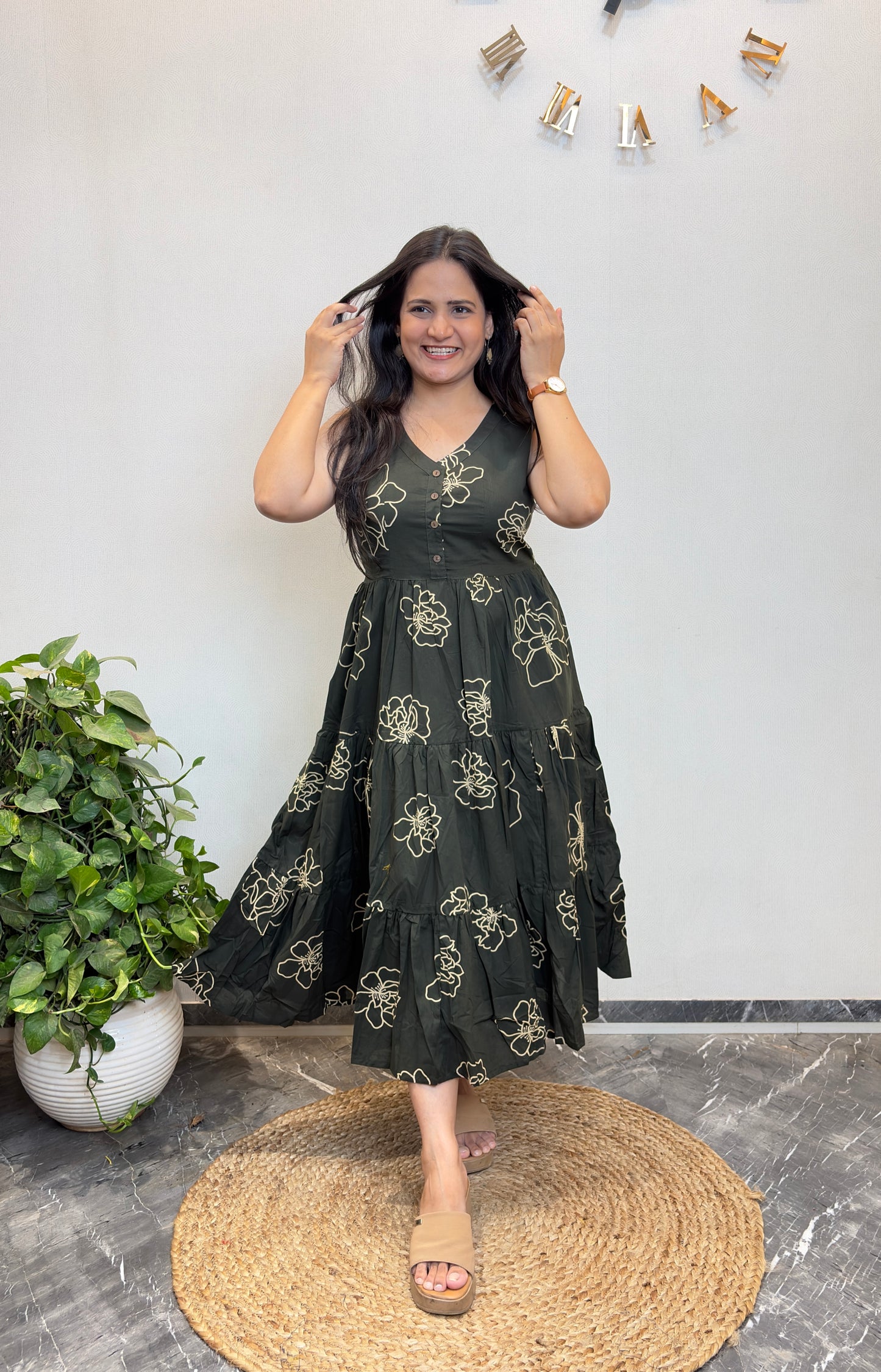 "Aarya" Mehendi Green Floral Pure Cotton Summer Dress