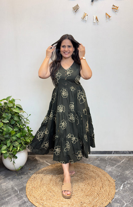 "Aarya" Mehendi Green Floral Pure Cotton Summer Dress