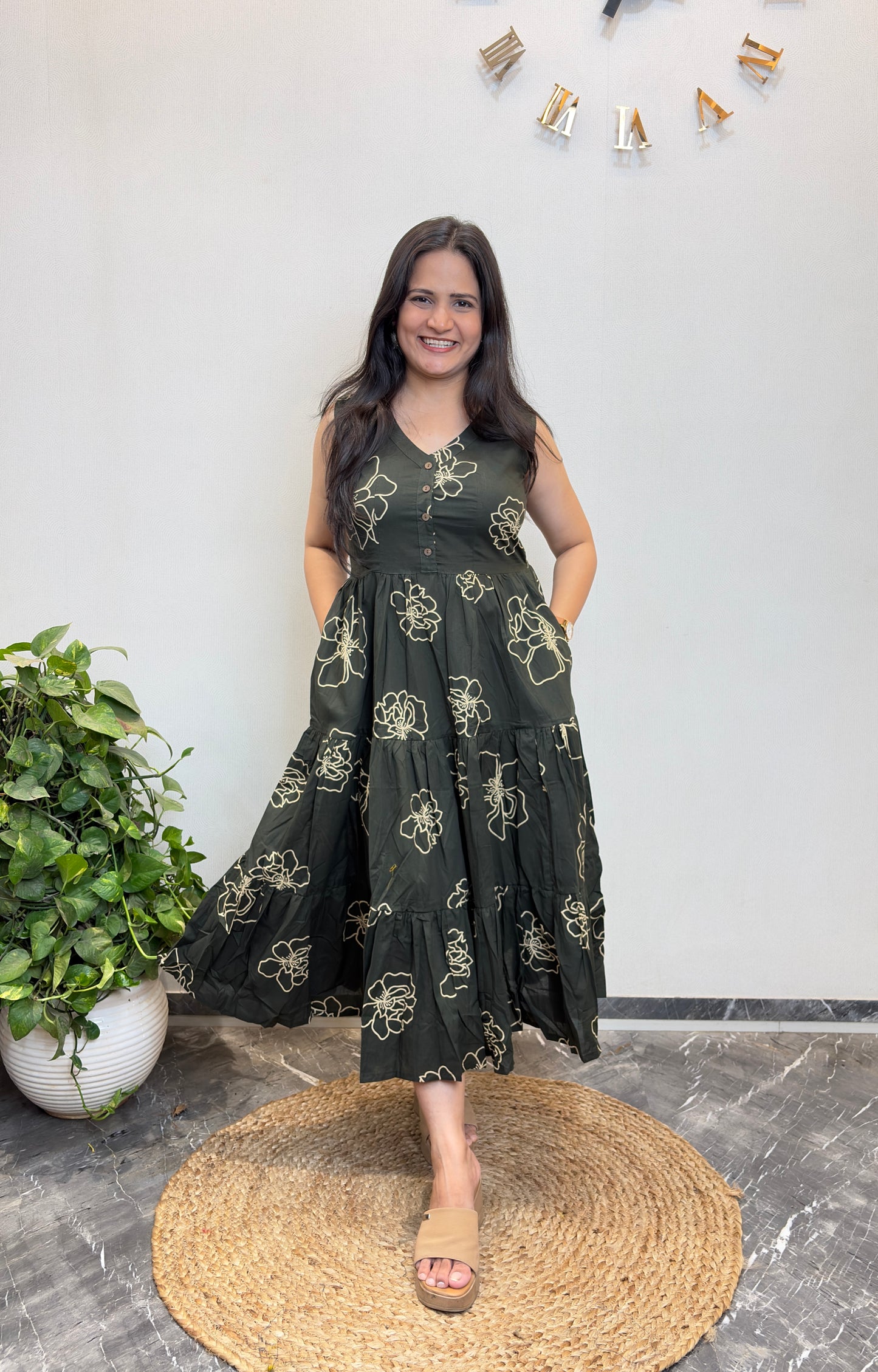 "Aarya" Mehendi Green Floral Pure Cotton Summer Dress