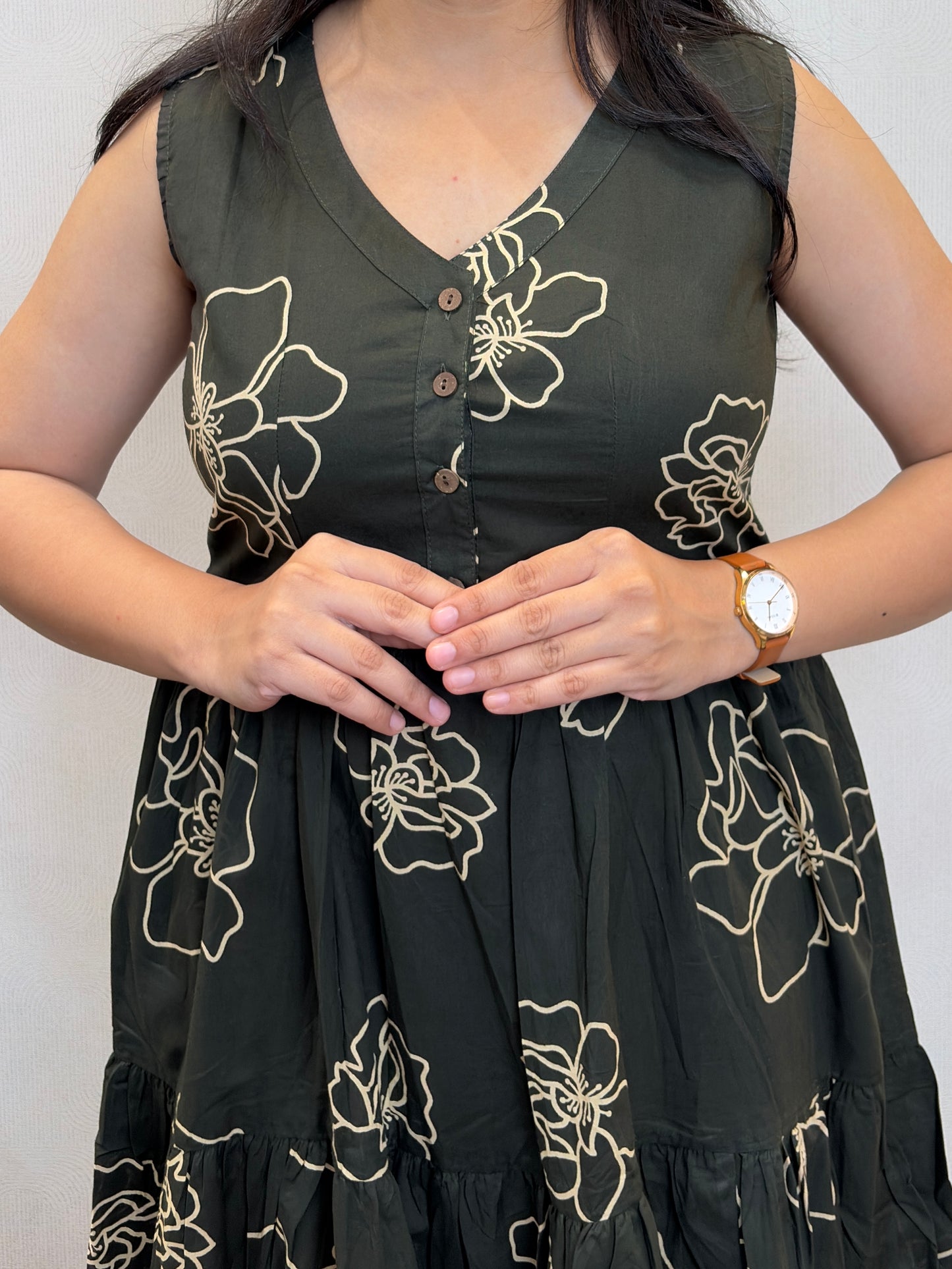 "Aarya" Mehendi Green Floral Pure Cotton Summer Dress