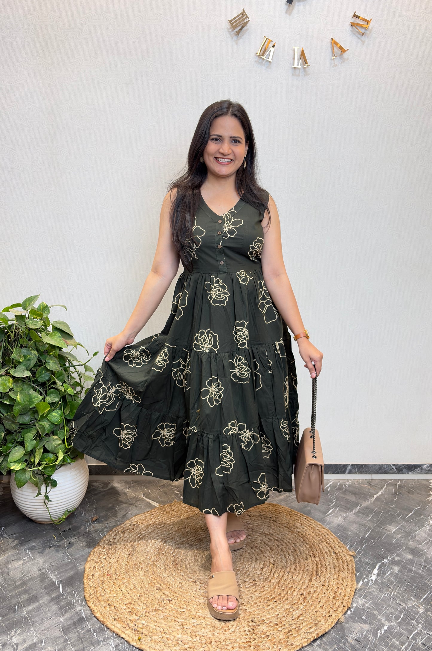 "Aarya" Mehendi Green Floral Pure Cotton Summer Dress