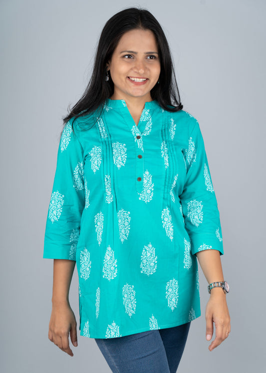 Aqua Green Motif Pintex Short Kurta