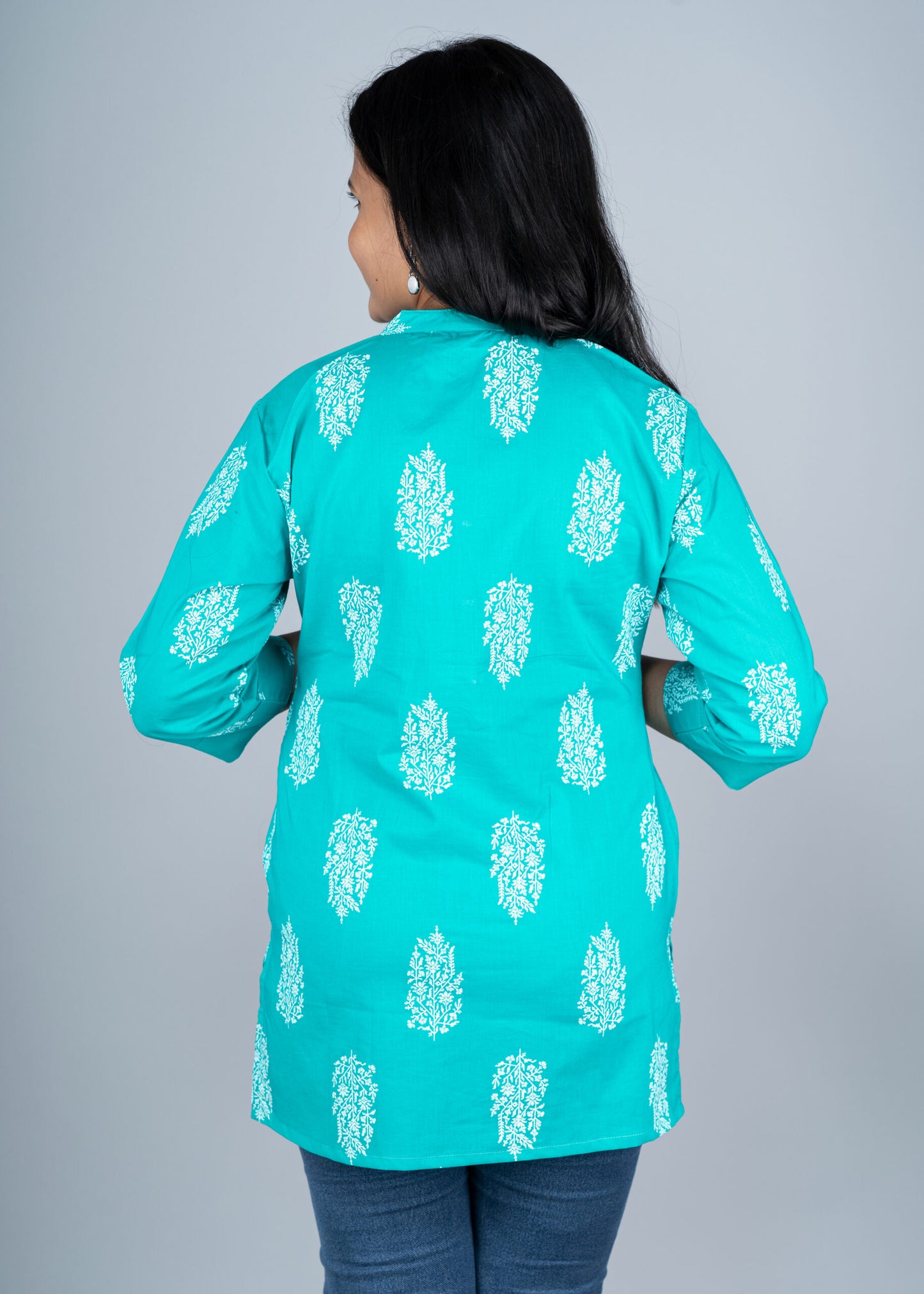 Aqua Green Motif Pintex Short Kurta