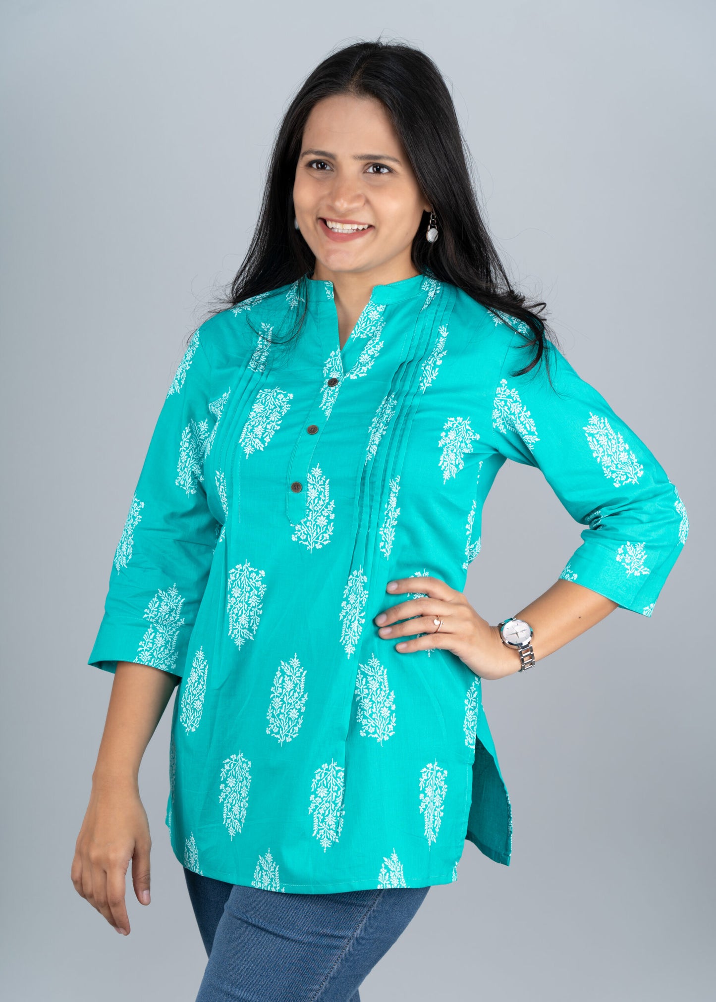 Aqua Green Motif Pintex Short Kurta