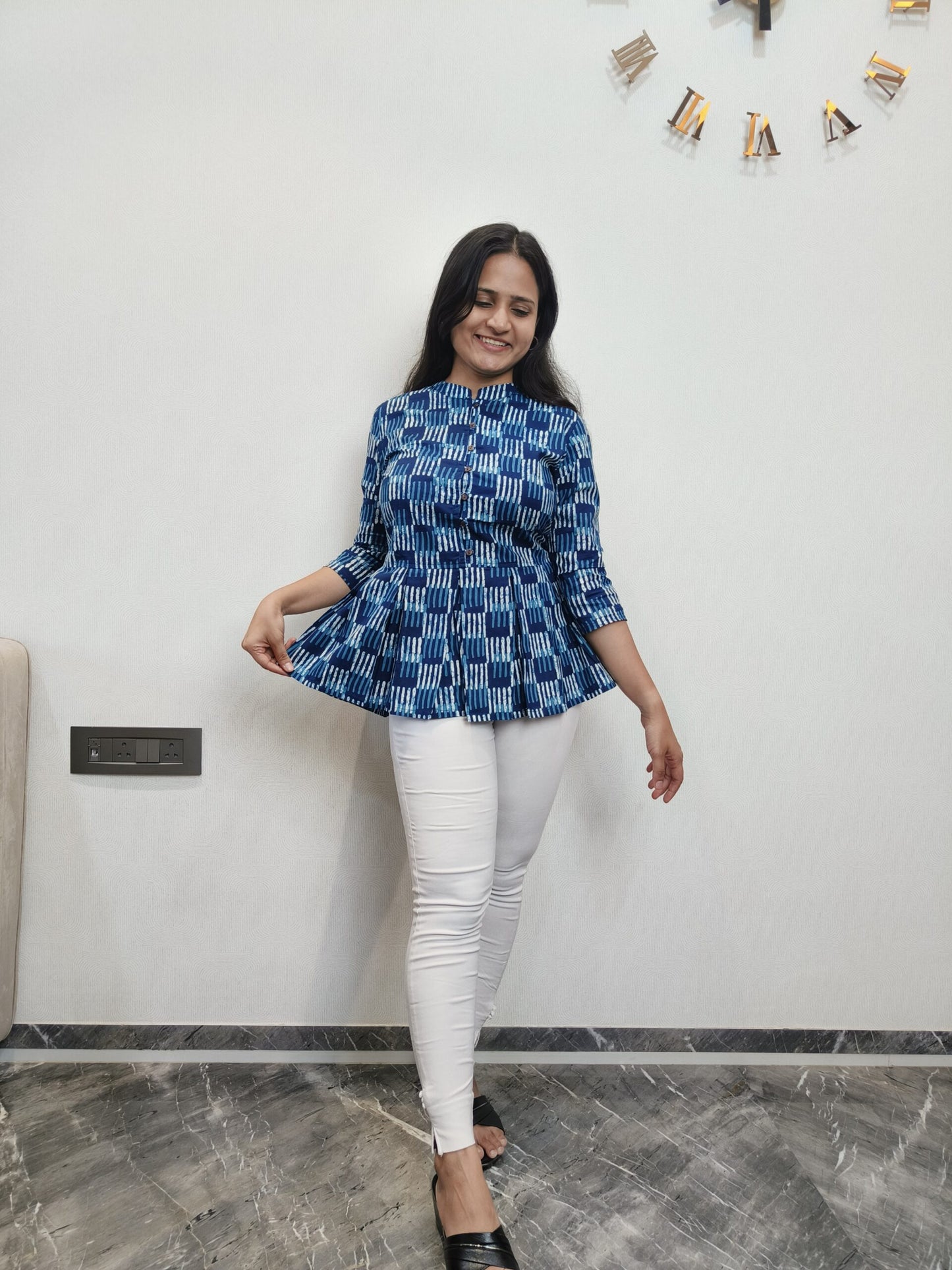 Blue geometric print peplum short kurta