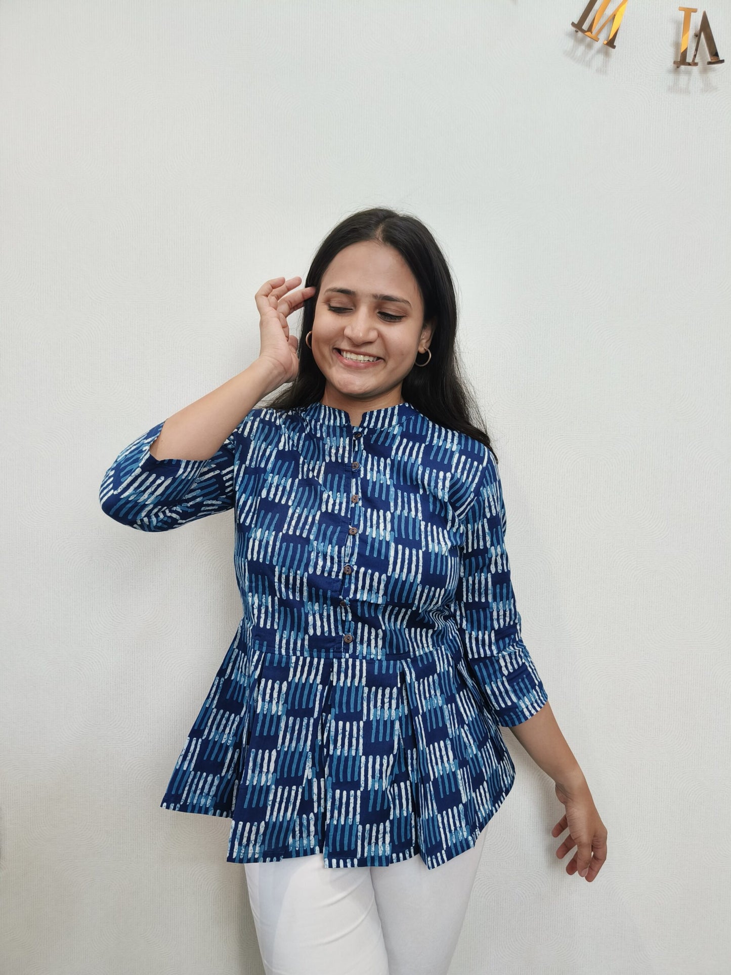 Blue geometric print peplum short kurta