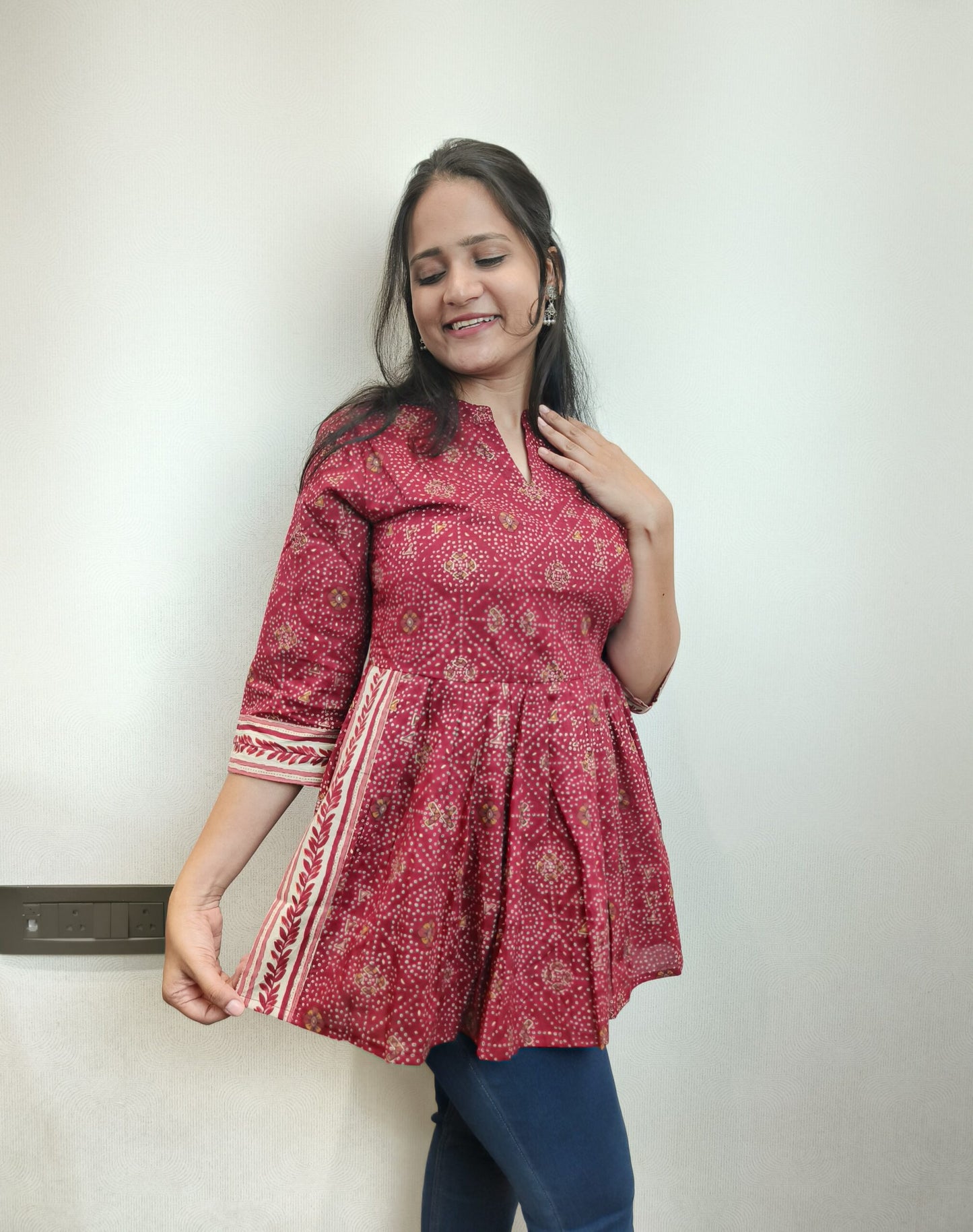 Berry Red Bandhani Nayra cut short kurta