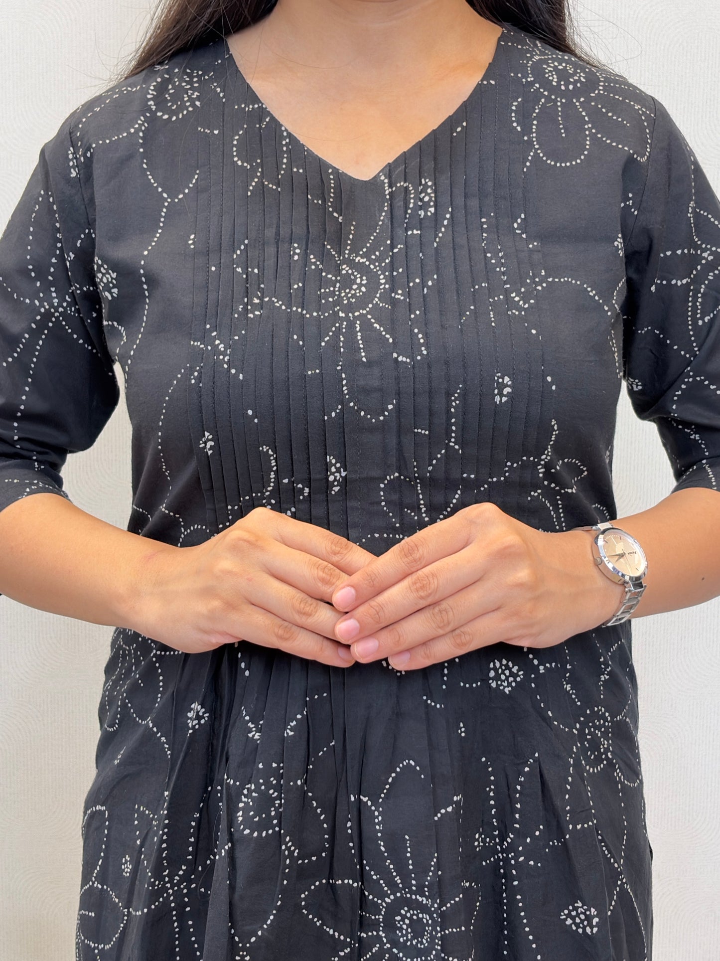 Black Dotted Floral Pintex Short Kurta