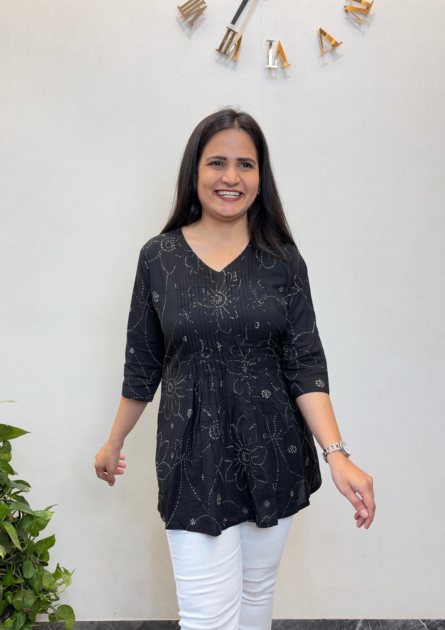 Black Dotted Floral Pintex Short Kurta