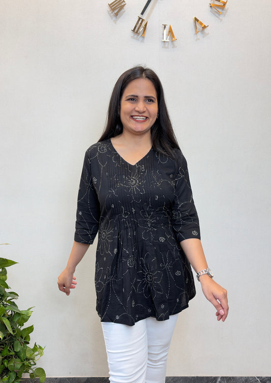 Black Dotted Floral Pintex Short Kurta