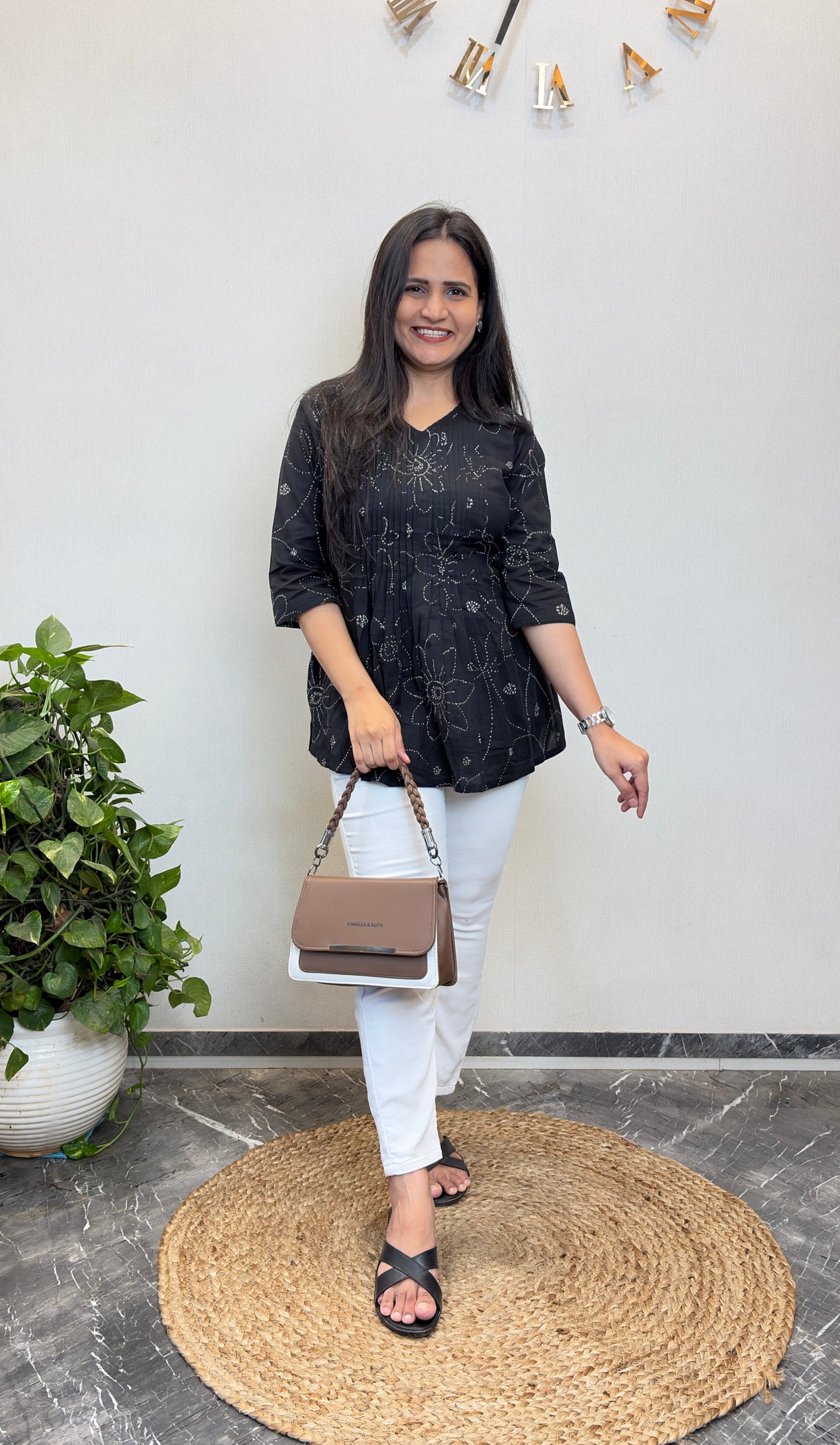 Black Dotted Floral Pintex Short Kurta