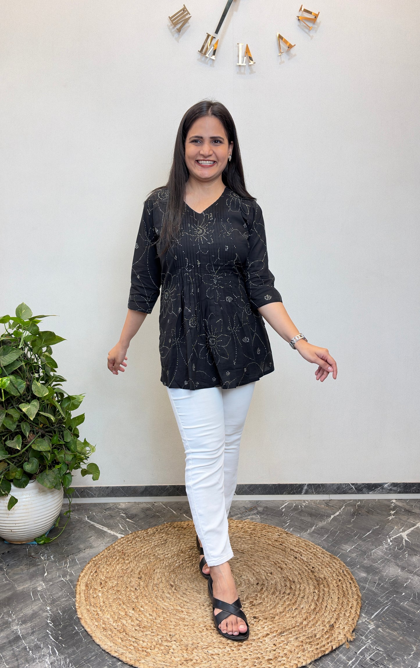 Black Dotted Floral Pintex Short Kurta