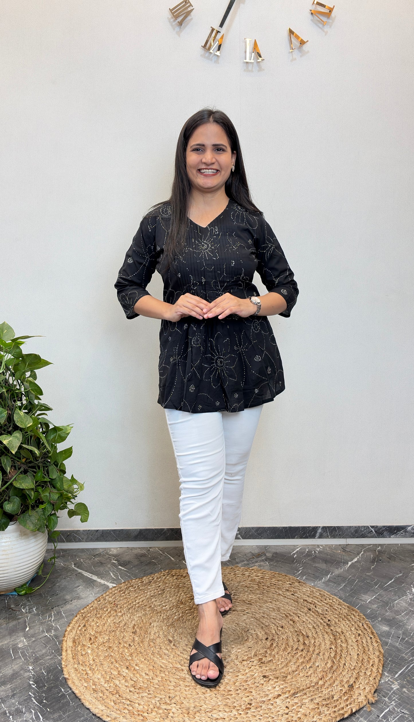 Black Dotted Floral Pintex Short Kurta