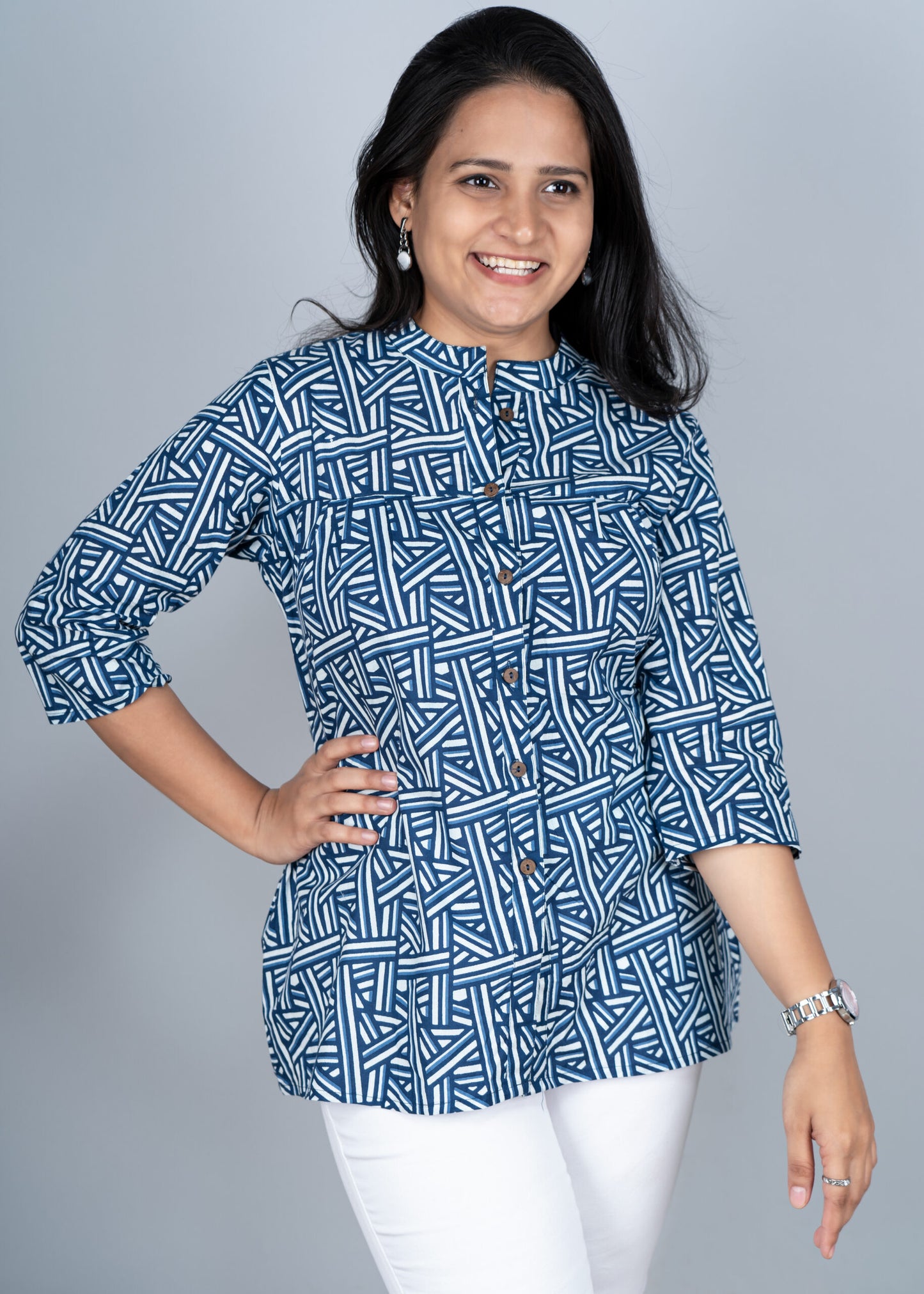 Blue Geometric Stripes Printed Shirt