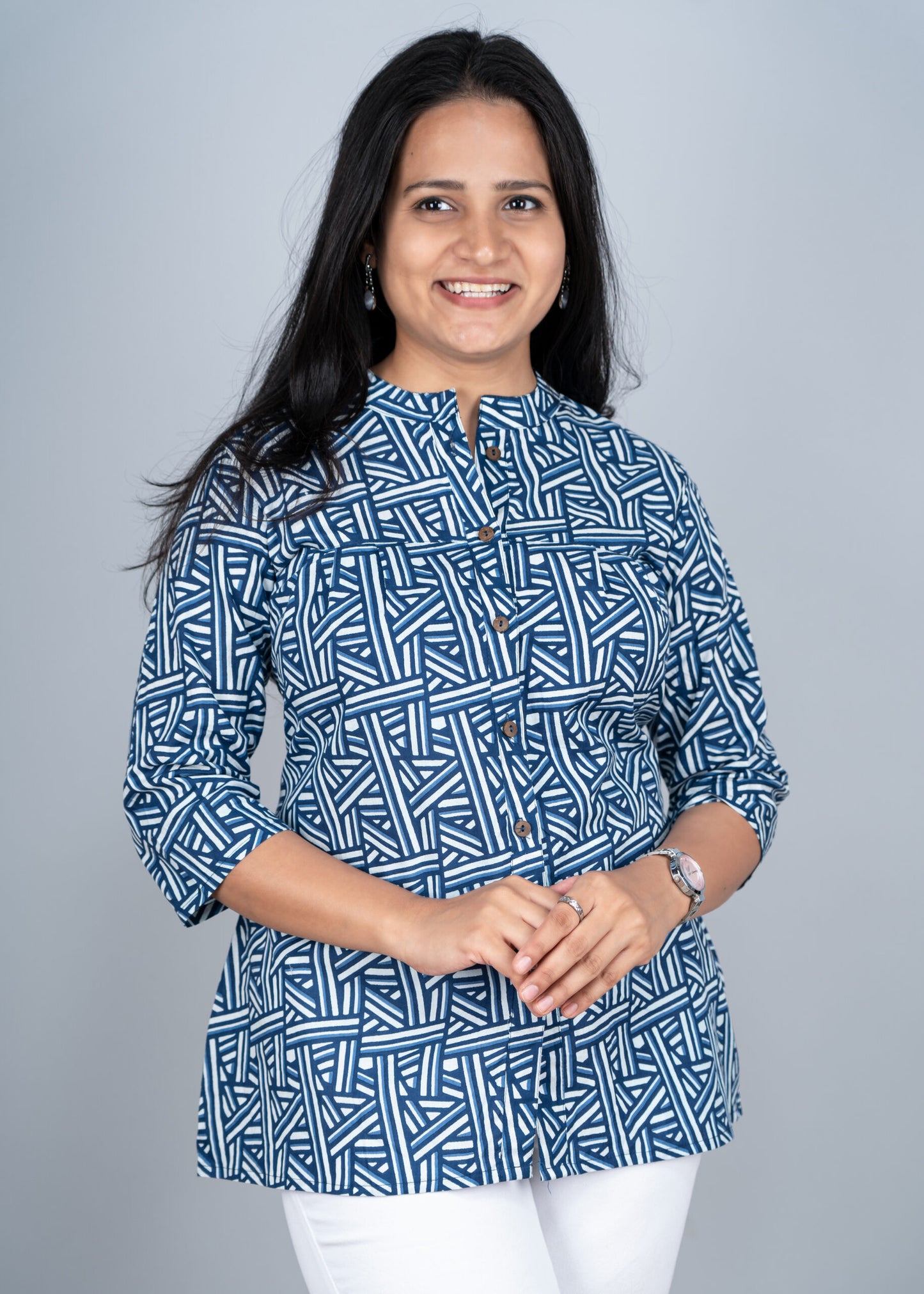 Blue Geometric Stripes Printed Shirt