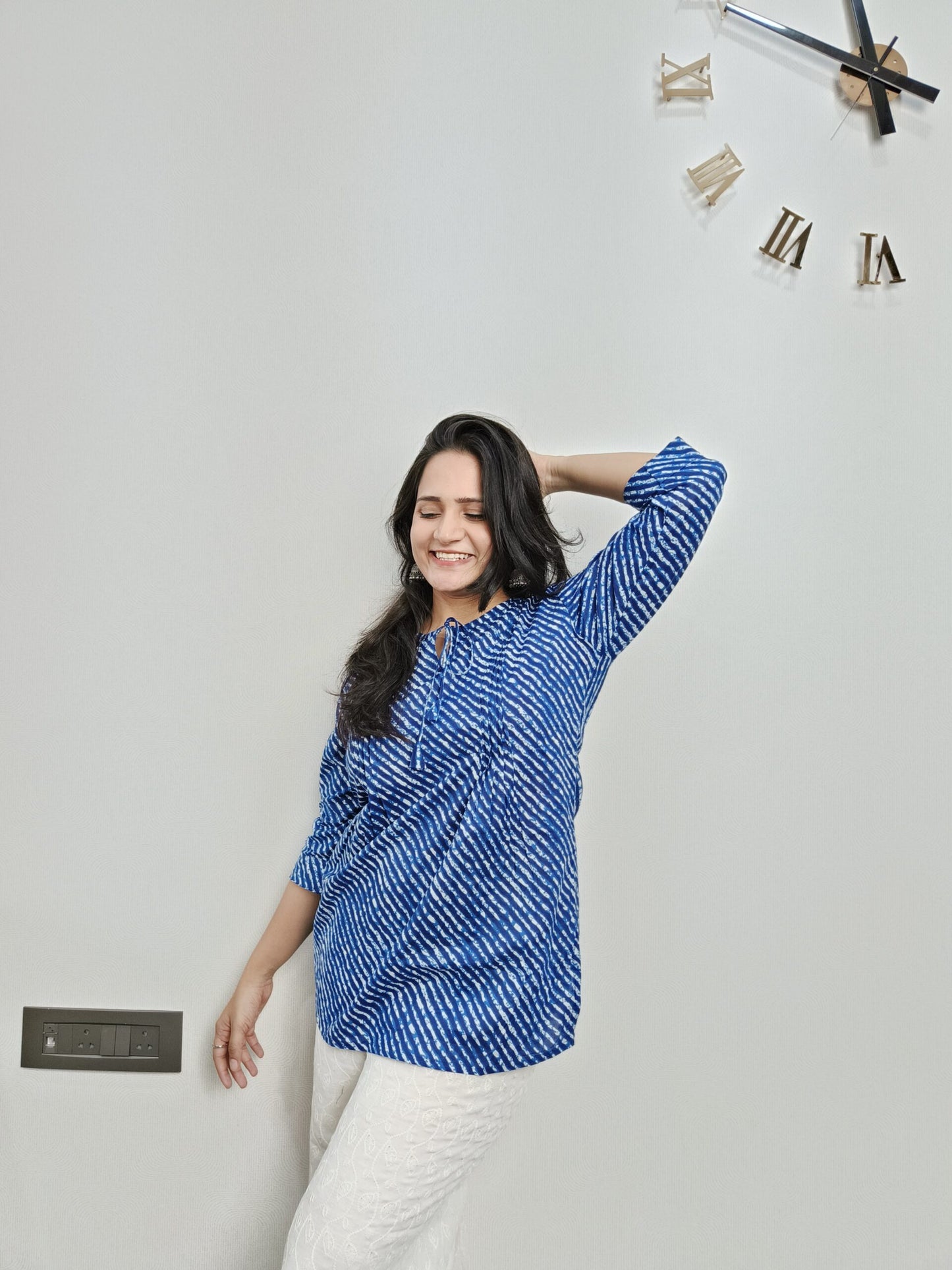 Blue lehriya print short kurta