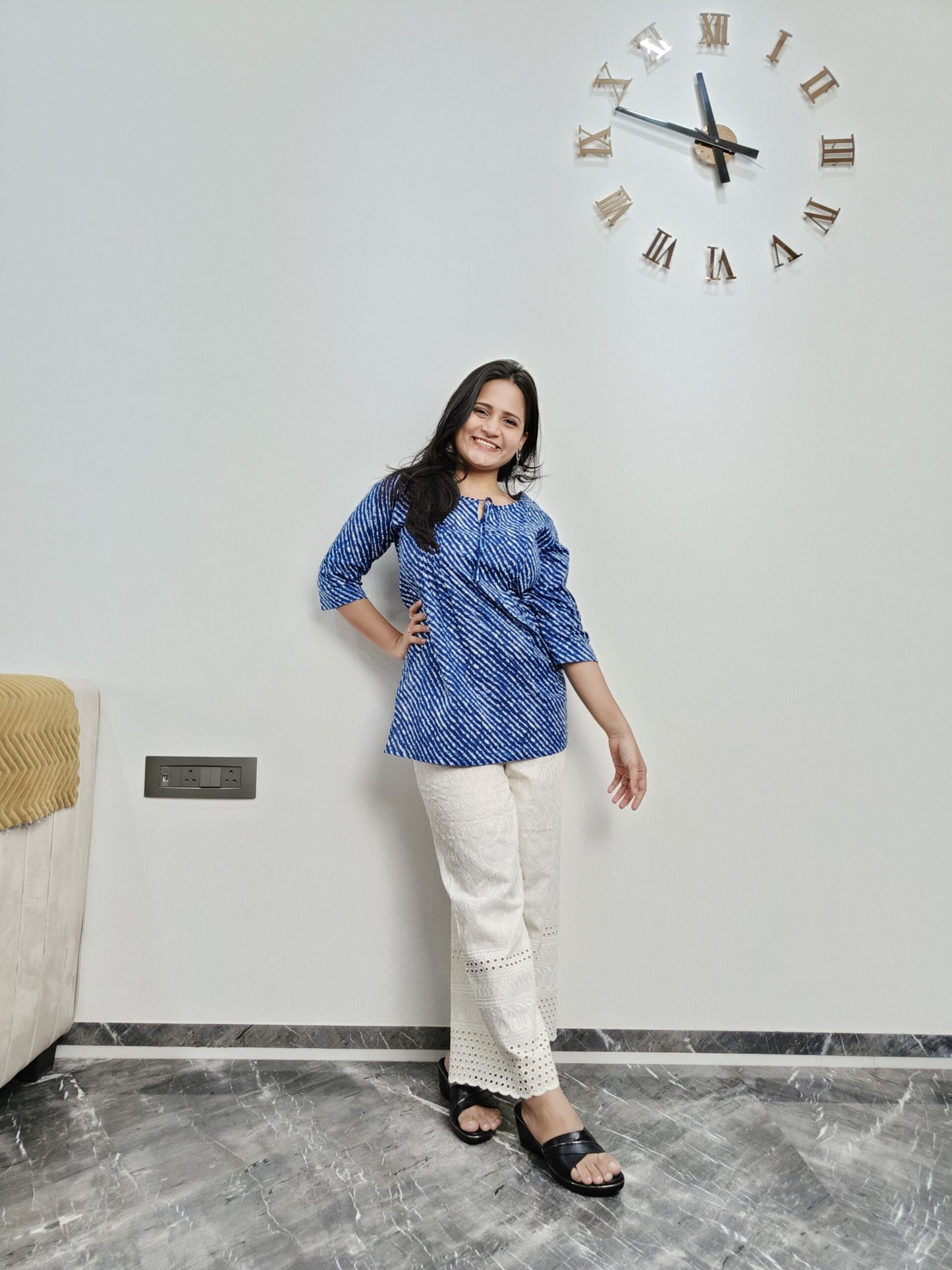 Blue lehriya print short kurta