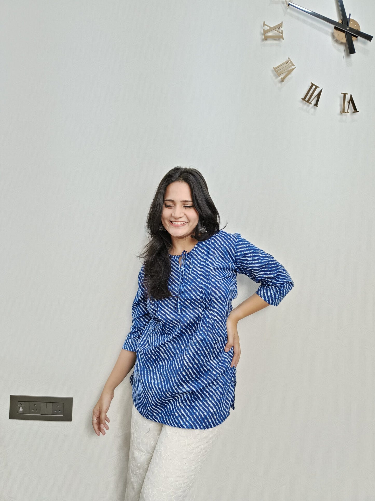 Blue lehriya print short kurta