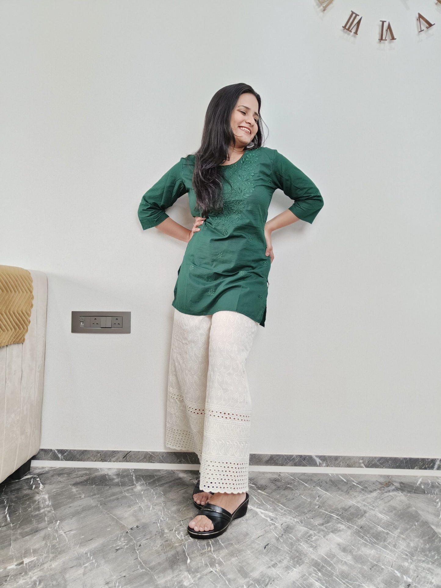 Bottle Green Chikankari Short Kurta