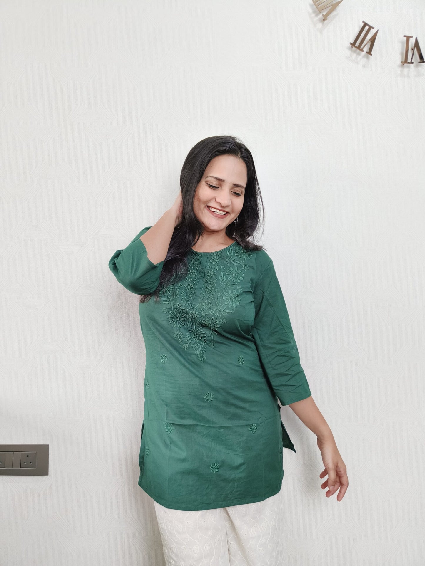 Bottle Green Chikankari Short Kurta